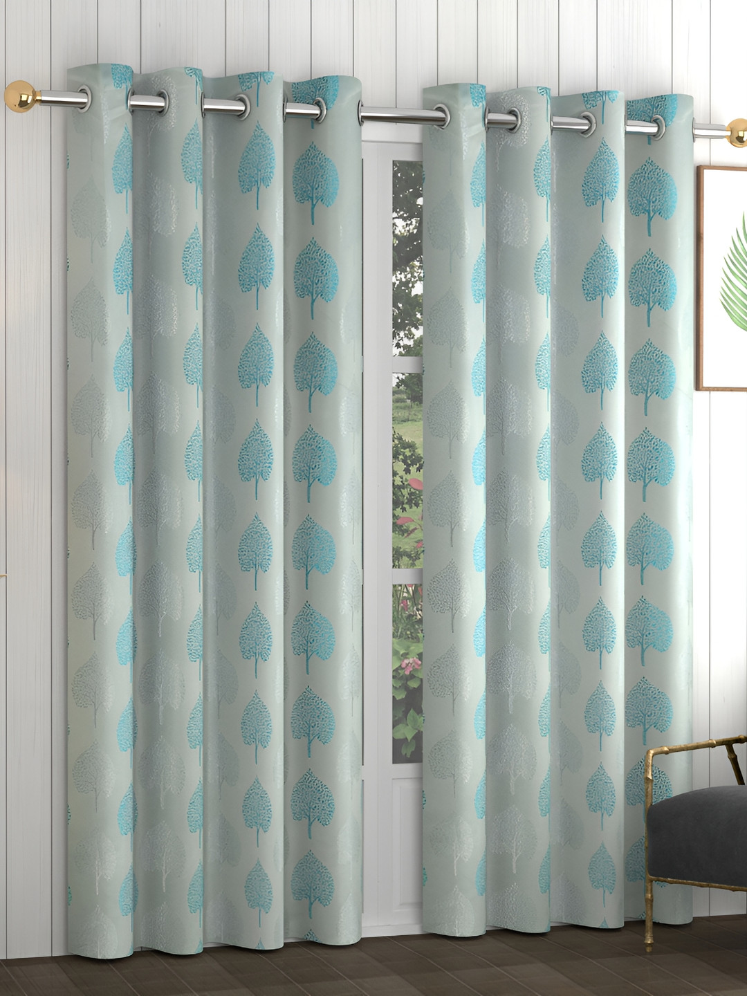 Yellow Weaves Blue & Silver-Toned 2 Pieces Floral Printed Long Door Curtain