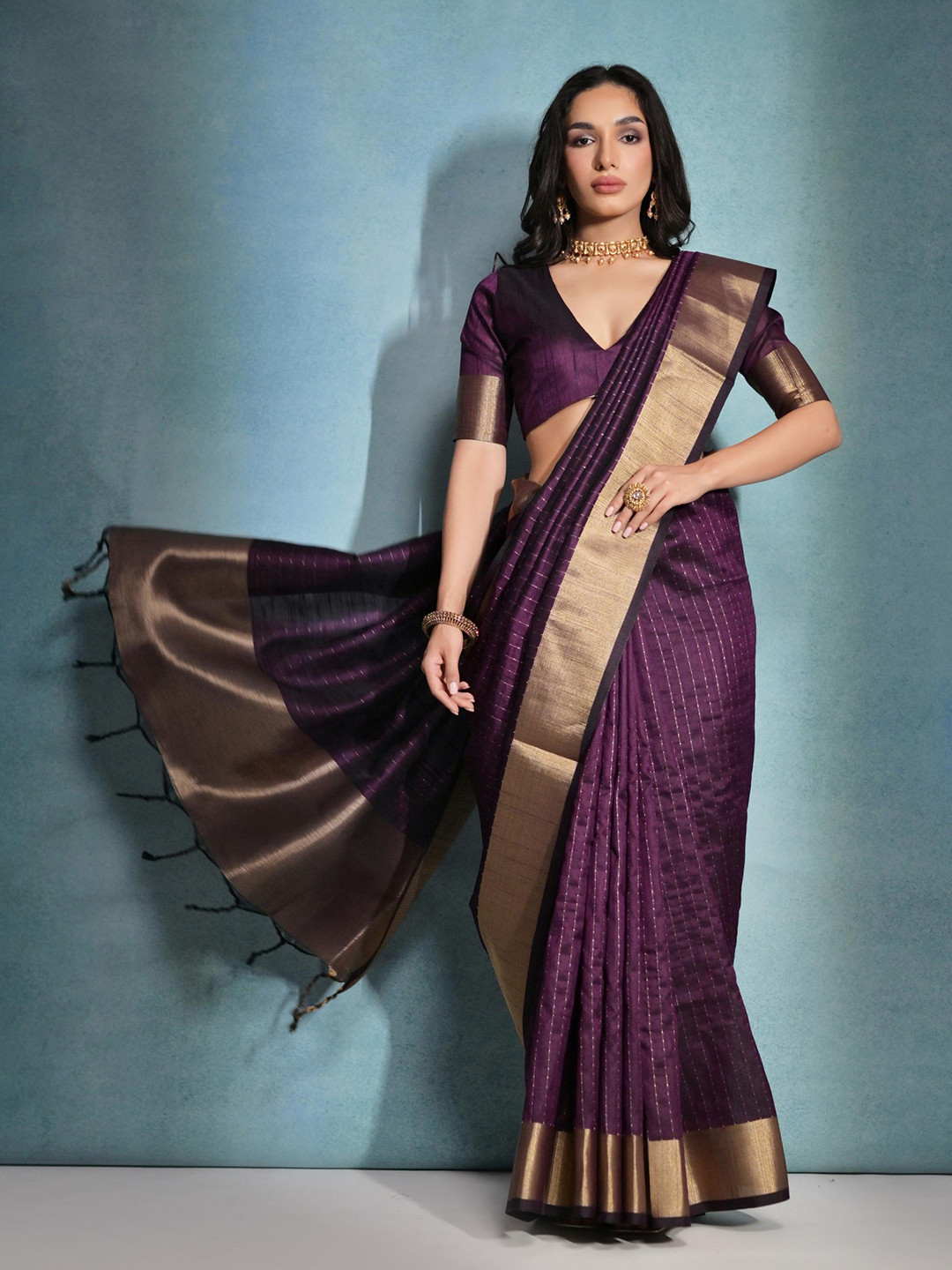 Mitera Purple Striped Zari Banarasi Saree