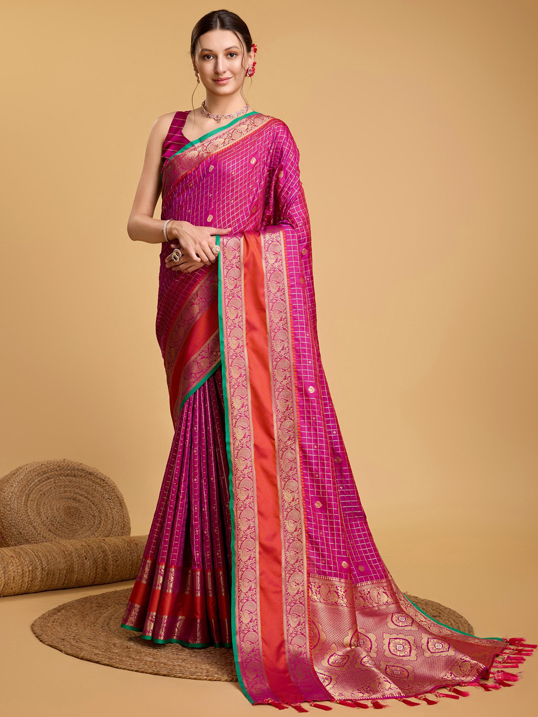 Mitera Burgundy Checked Zari Banarasi Saree