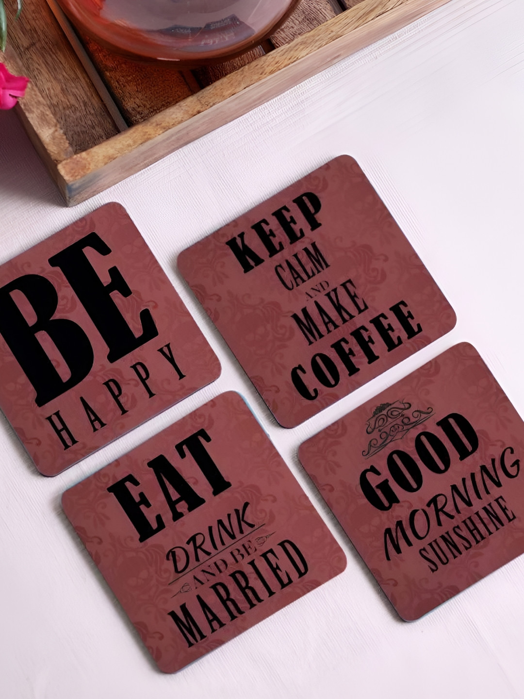 Crazy Sutra Maroon & Black 4Pcs Printed Wooden Coasters