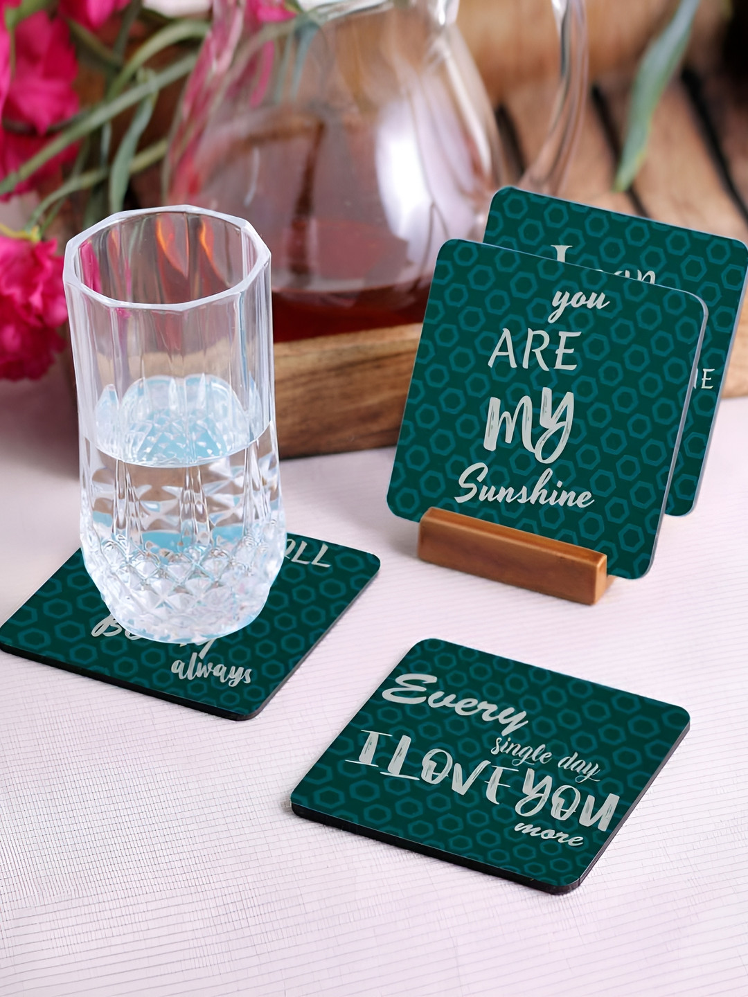 Crazy Sutra Green & White 4Pcs Printed Wooden Coasters