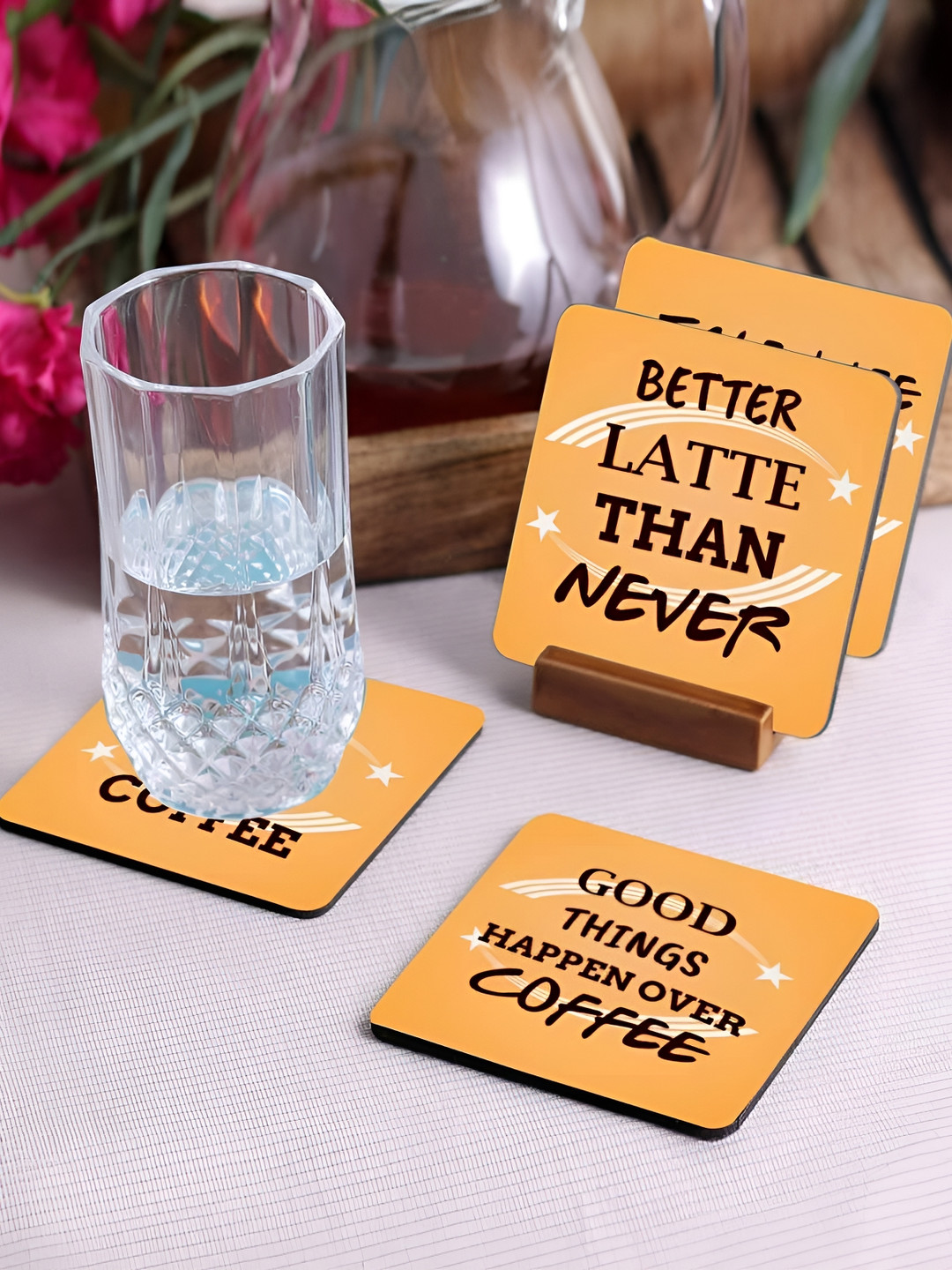 Crazy Sutra Premium Orange Colored & Black 4Pcs HD Printed MDF Coasters