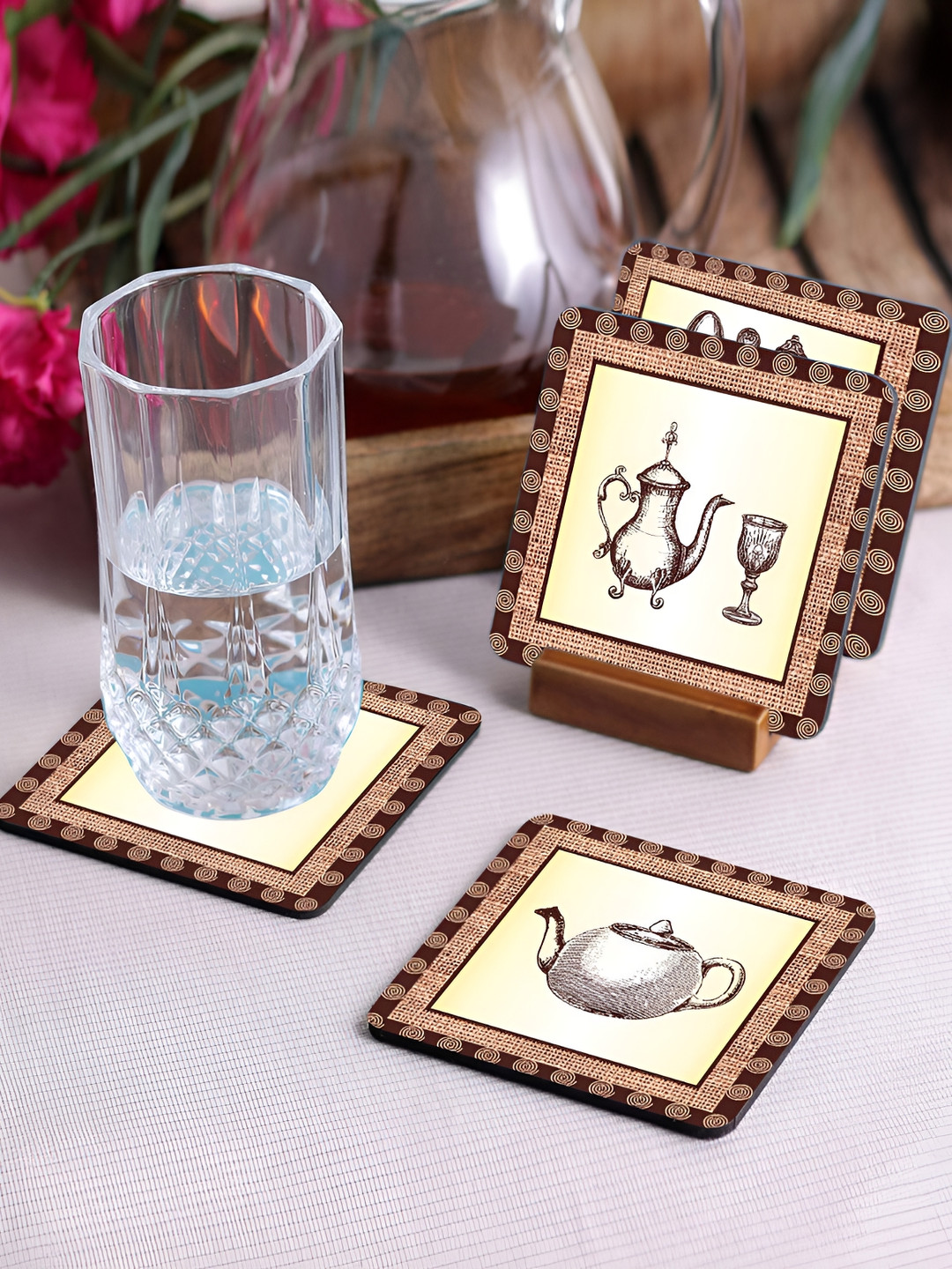Crazy Sutra Premium Brown & Cream Colored 4 Pieces HD Printed MDF Coasters