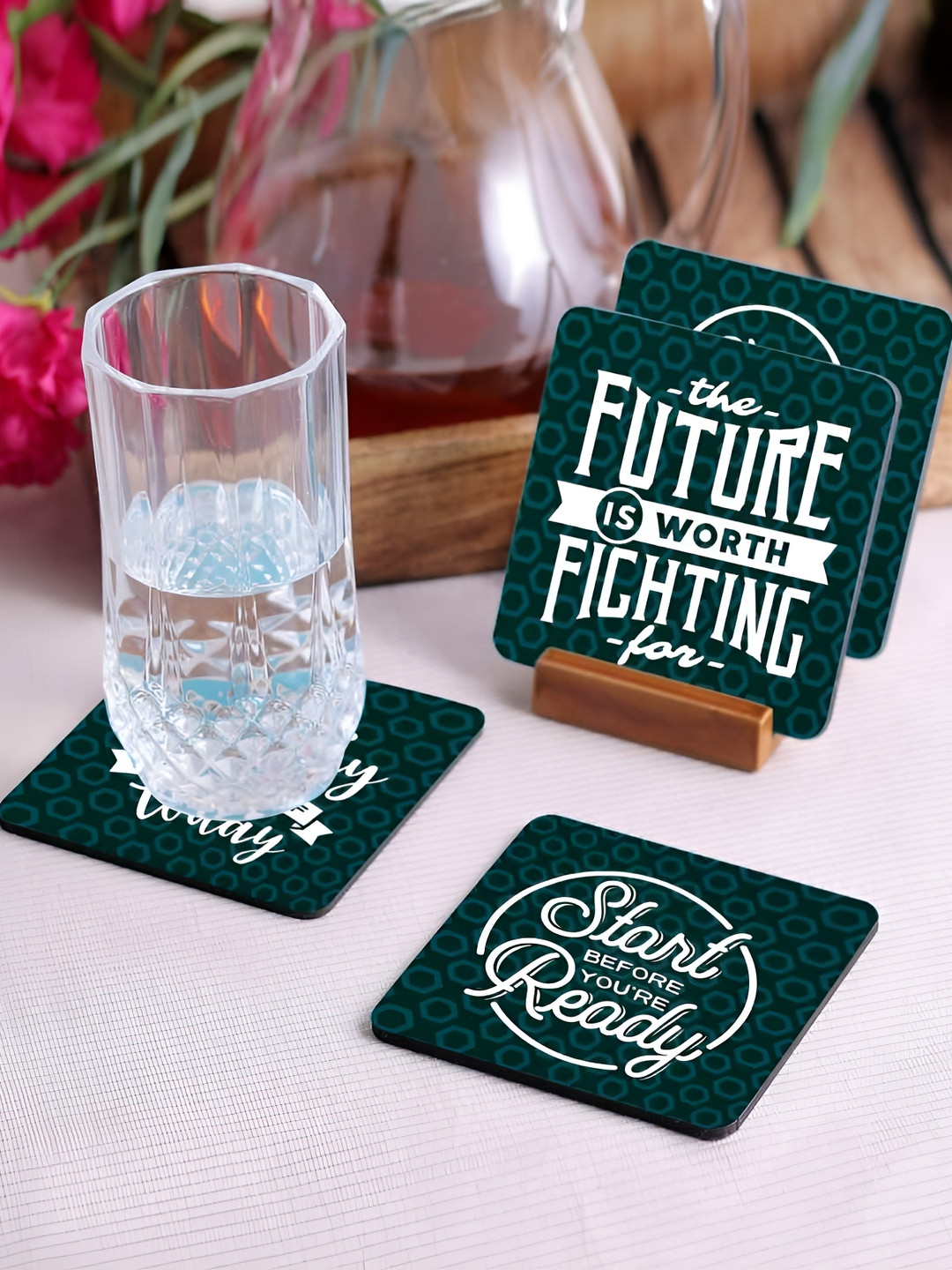 Crazy Sutra Premium Green & White 4Pcs HD Printed MDF Coasters