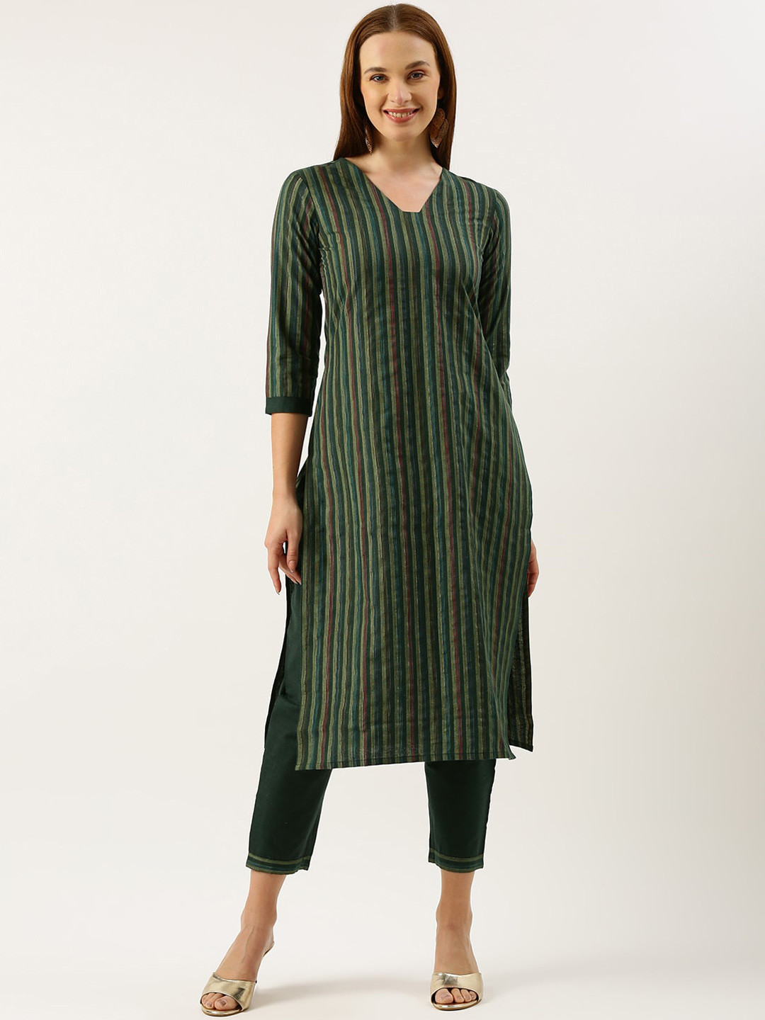 KALINI Striped Woven Design Regular Kurta with Trousers