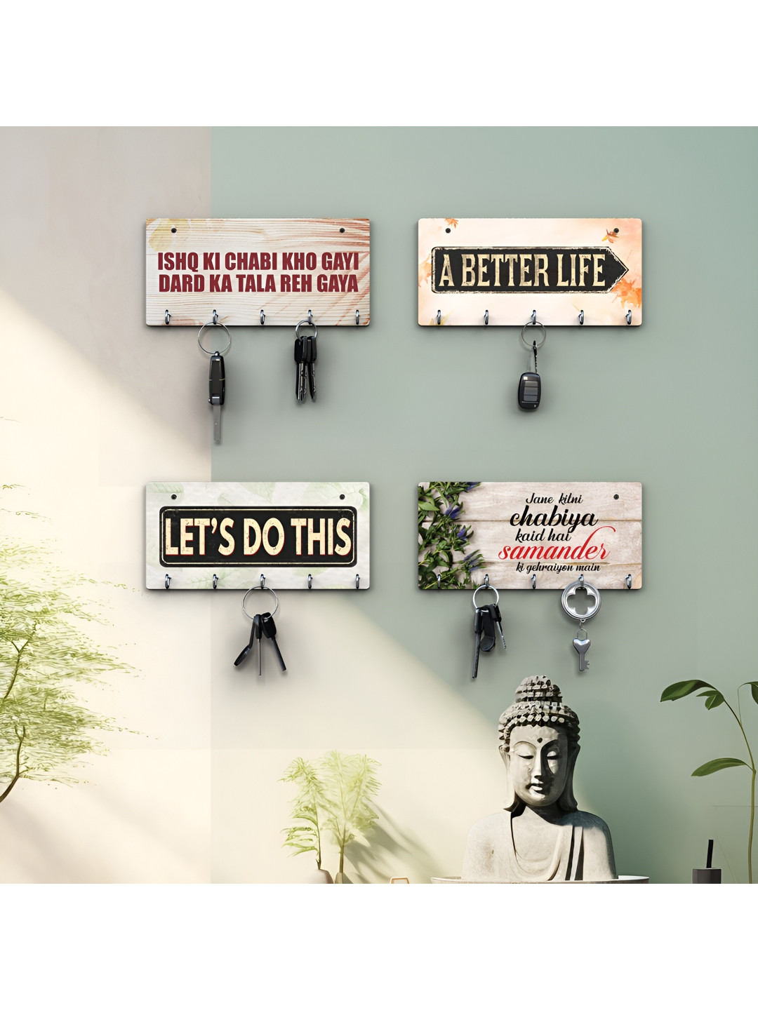 RANDOM Beige & Black 4 Pieces Typographic Printed Wooden Key Holders