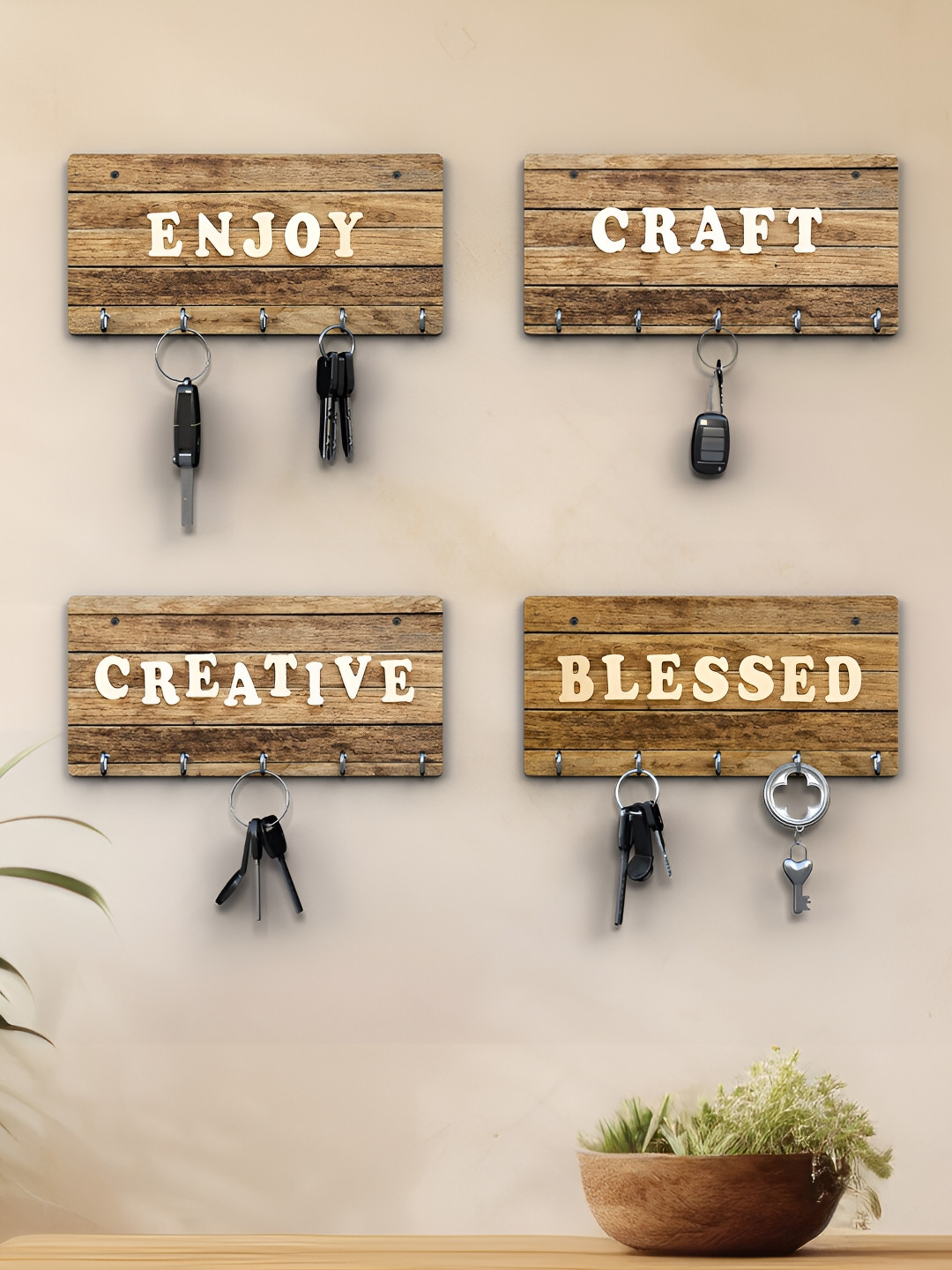 RANDOM Brown & White 4 Pieces Typographic Wooden Key Holders