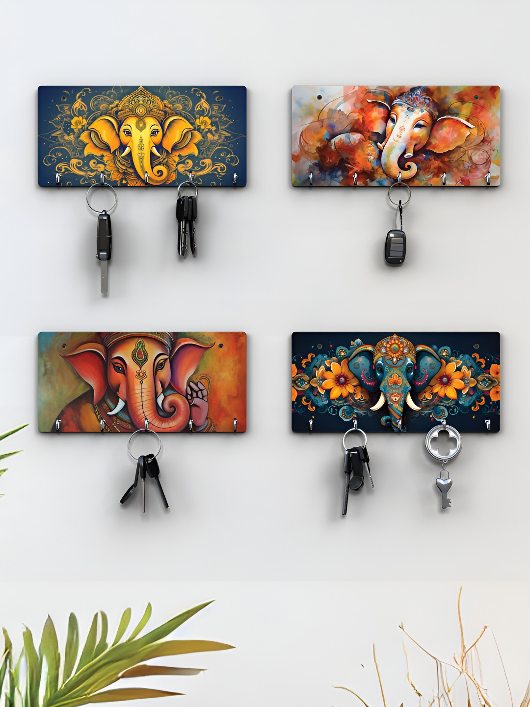 RANDOM Blue & Green 4 Pieces Lord Ganesh Printed Wooden Key Holders