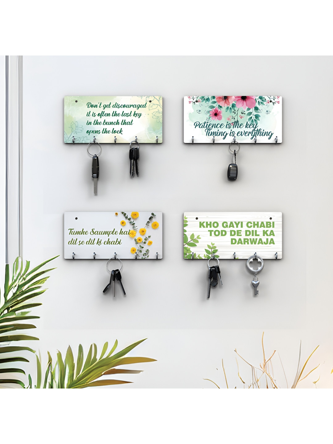 RANDOM Green & Pink 4 Pieces Floral & Typographic Printed Wooden Key Holders