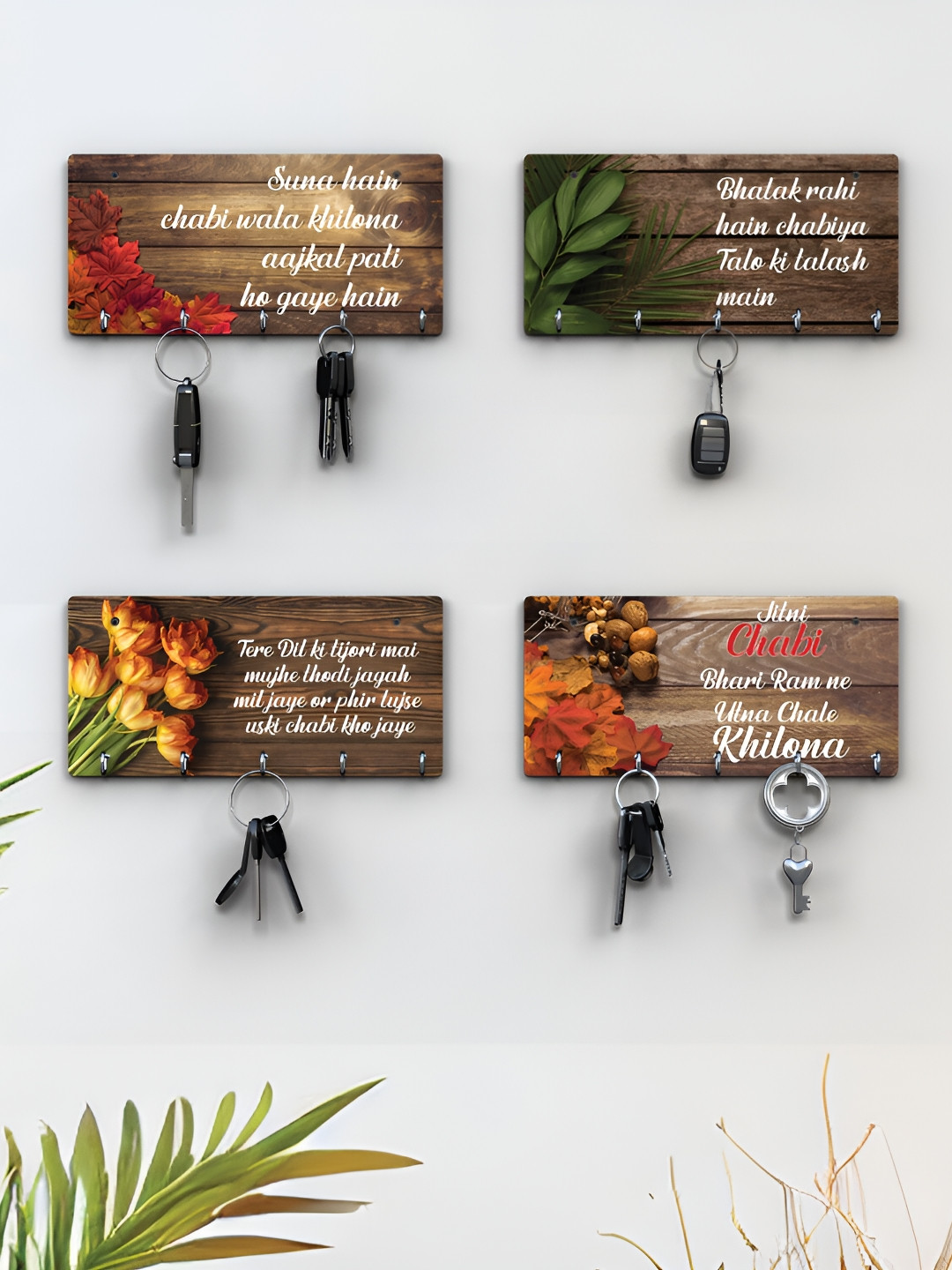 RANDOM Brown & Green 4 Pieces Typographic Printed Wooden Key Holders