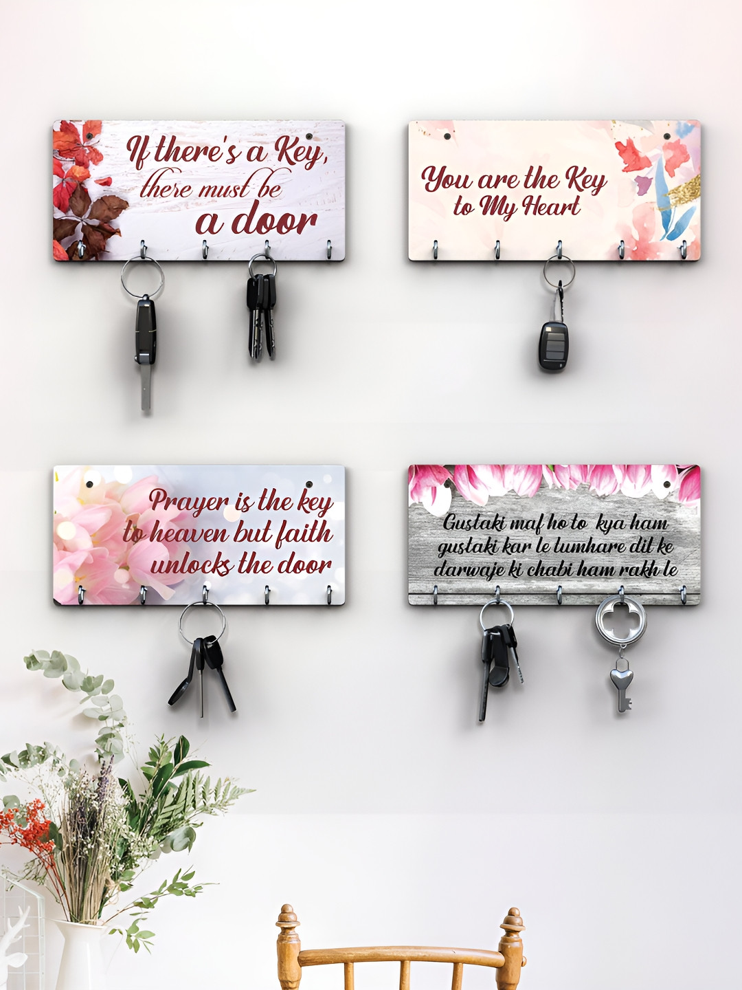 RANDOM White & Pink 4 Pieces Typographic Printed Wooden Key Holders