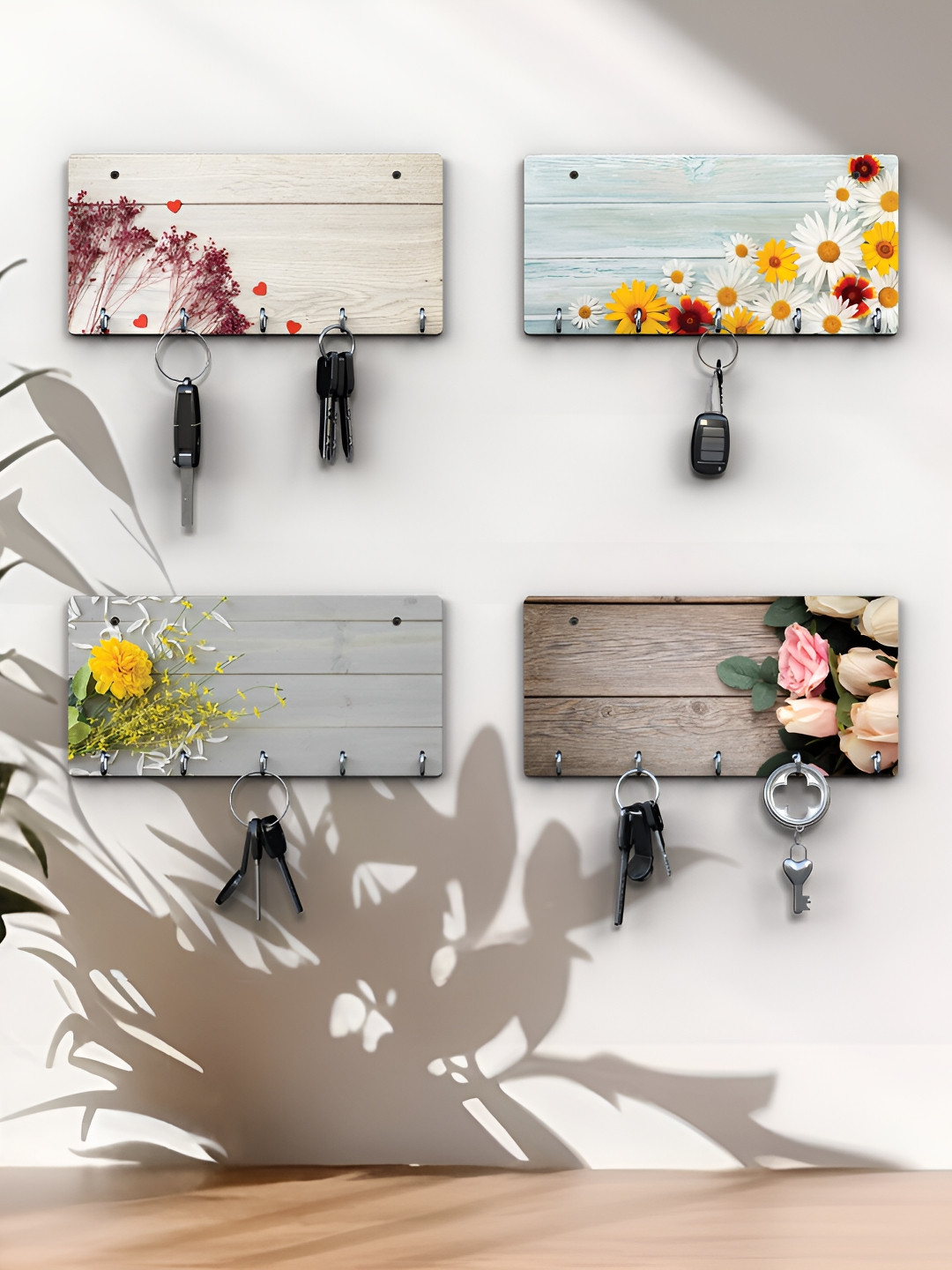 RANDOM Blue & Grey 4 Piecse Floral Printed Wooden Key Holders