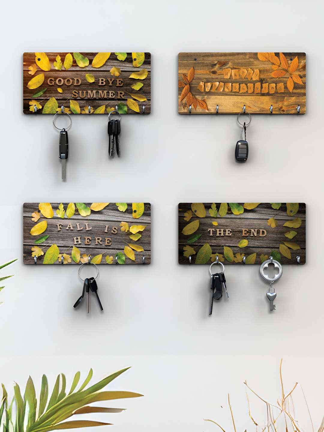 RANDOM Brown & Green 4 Pieces Typographic Printed Wooden Key Holders