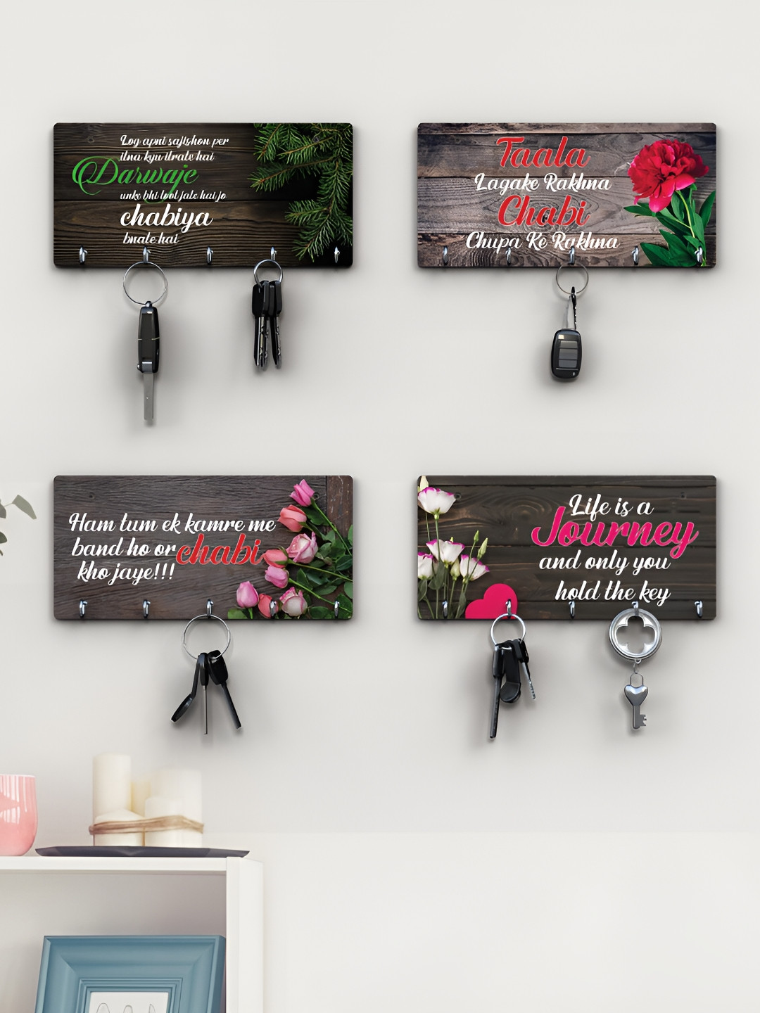 RANDOM Brown & Green 4 Pieces Typographic Printed Wooden Key Holders