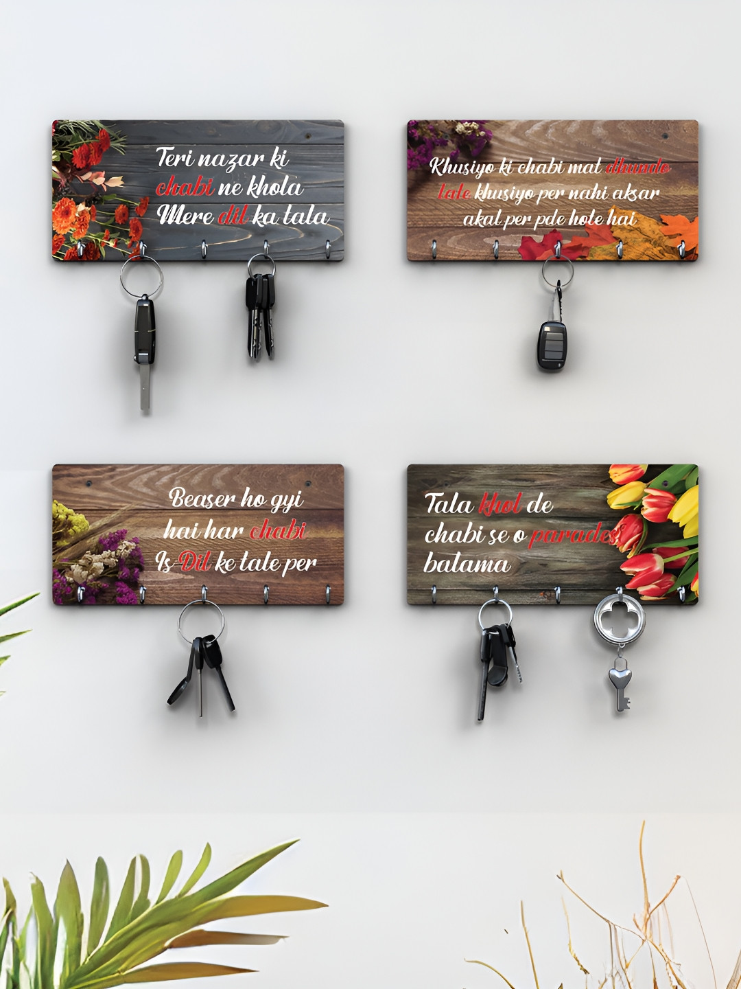RANDOM Brown & White 4 Pieces Typographic Printed Wooden Key Holders