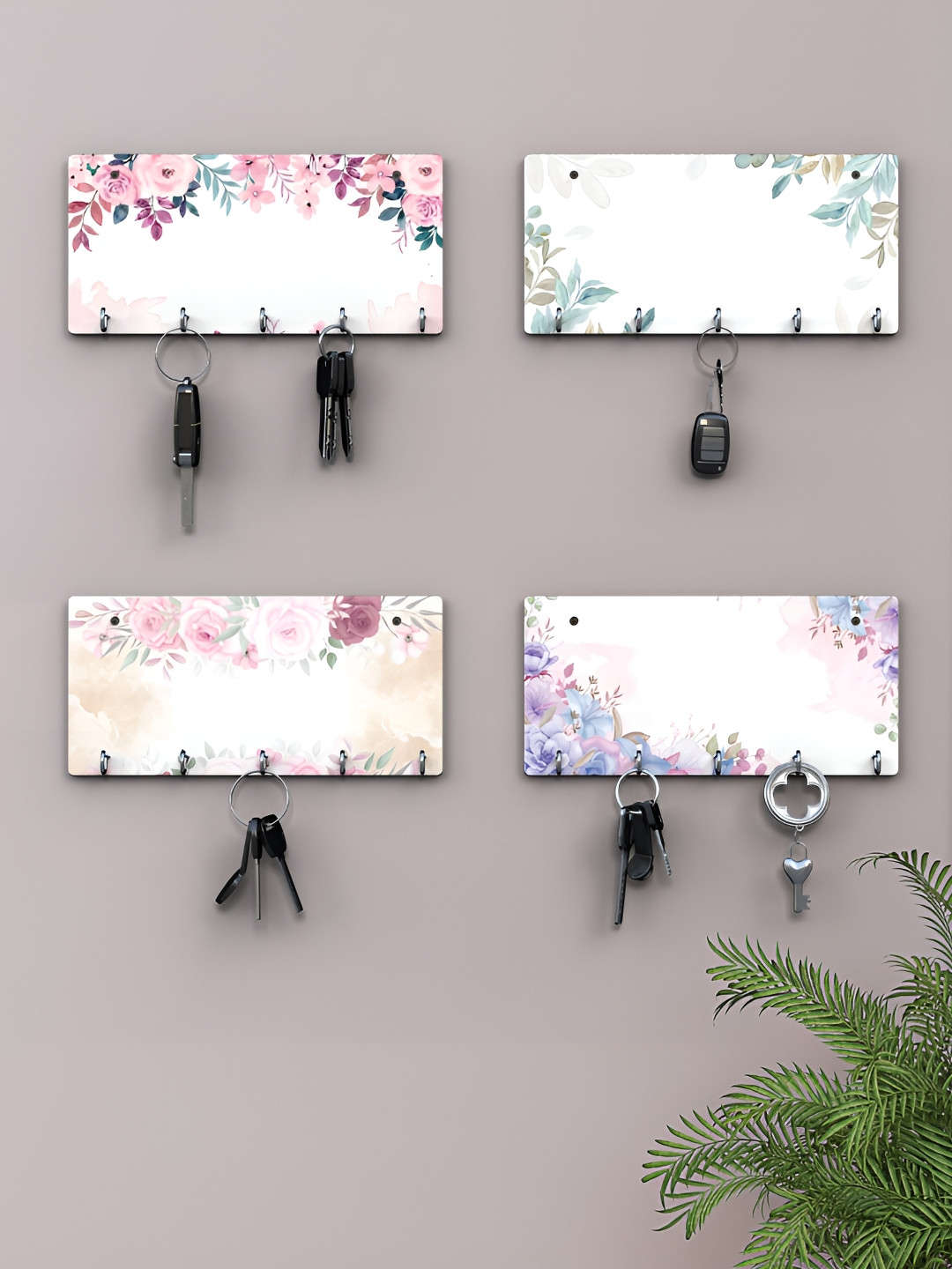 RANDOM White & Pink 4 Pieces Floral Printed Wooden Key Holders