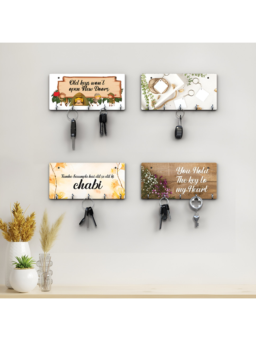 RANDOM White & Brown 4 Pieces Typographic Printed Wooden Key Holders