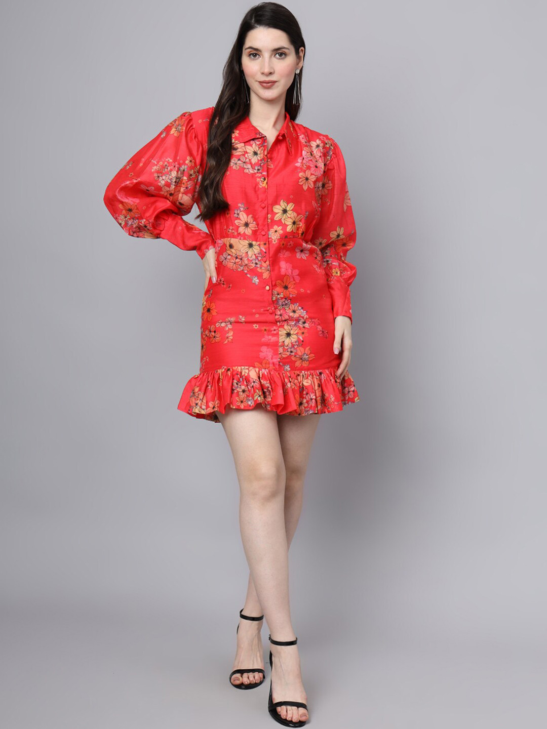 Divena Floral Printed Puff Sleeve Ruffled Shirt Mini Dress