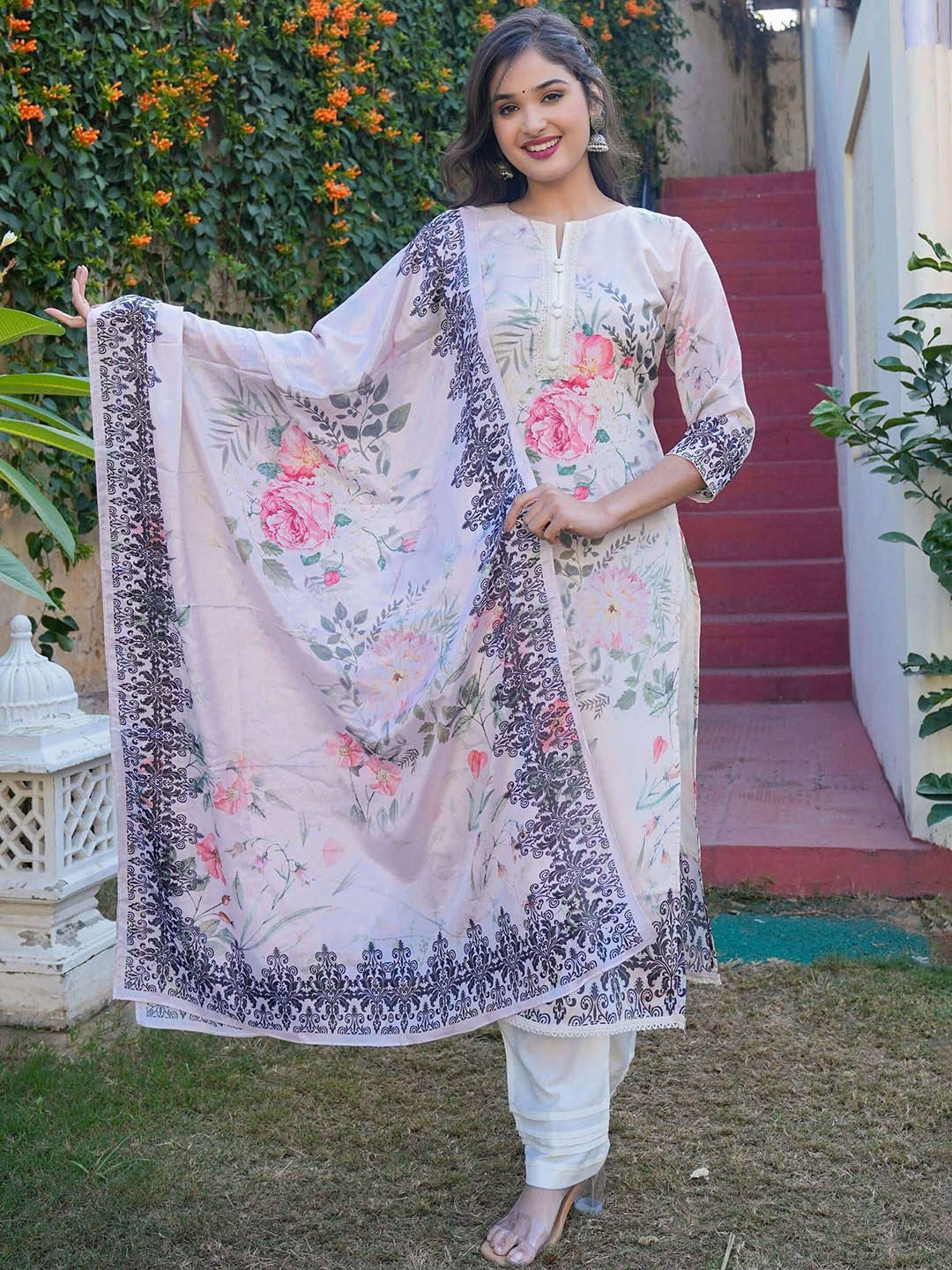 Vbuyz Off White Floral Printed Notch Neck Straight Kurta With Trousers & Dupatta