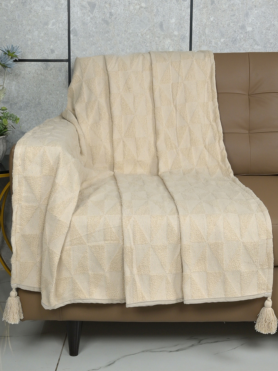 Saral Home Beige Self-Design Sofa Throw