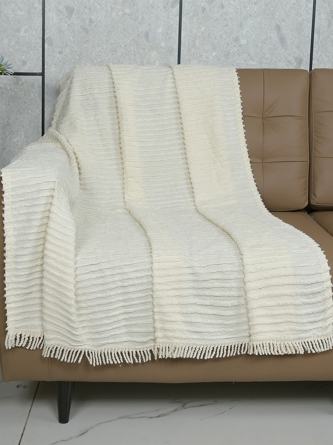 Saral Home Off White Self Design Cotton Sofa  Throws