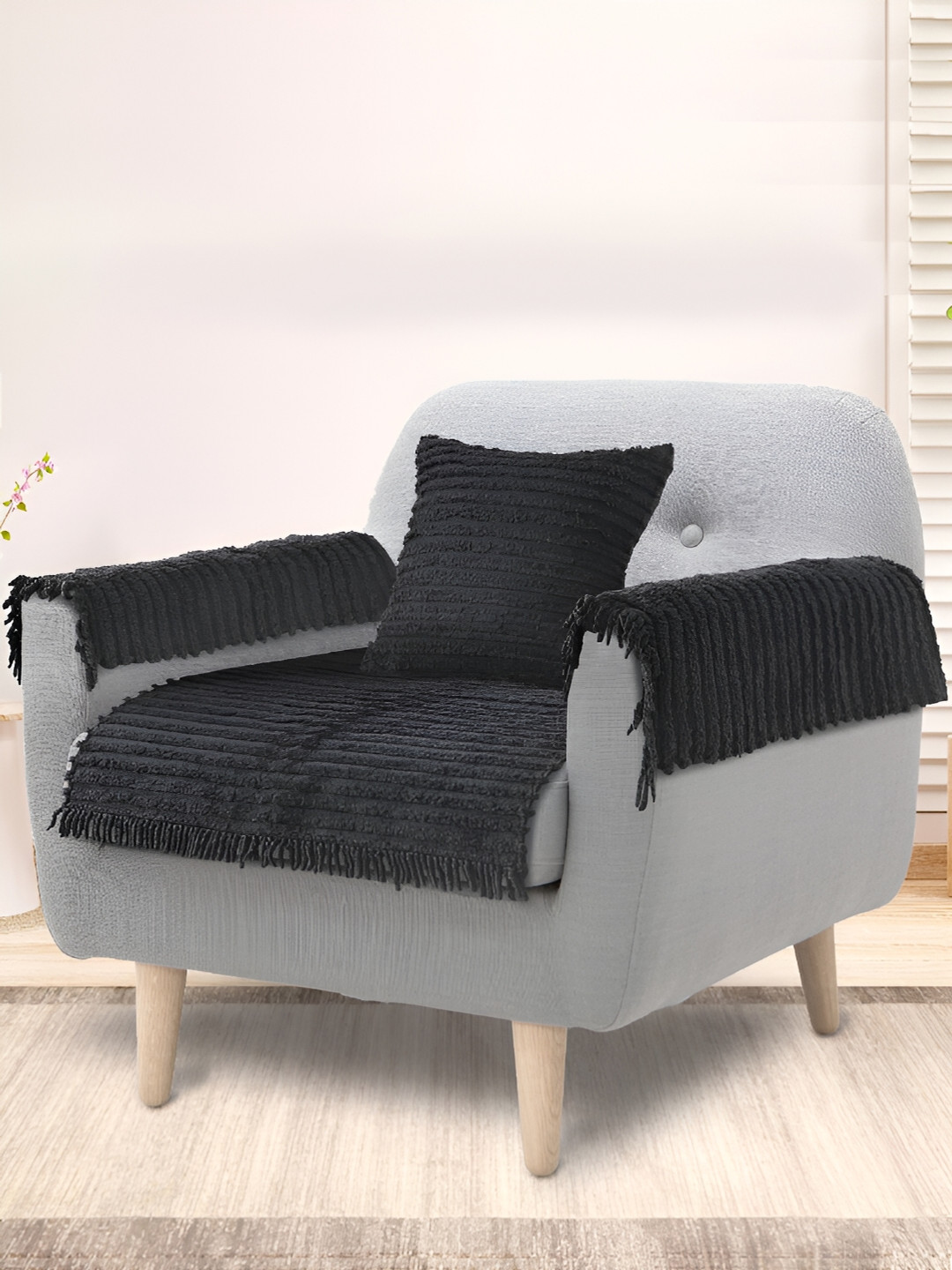 Saral Home Grey Striped 4 Piece Sofa Cover With Arms