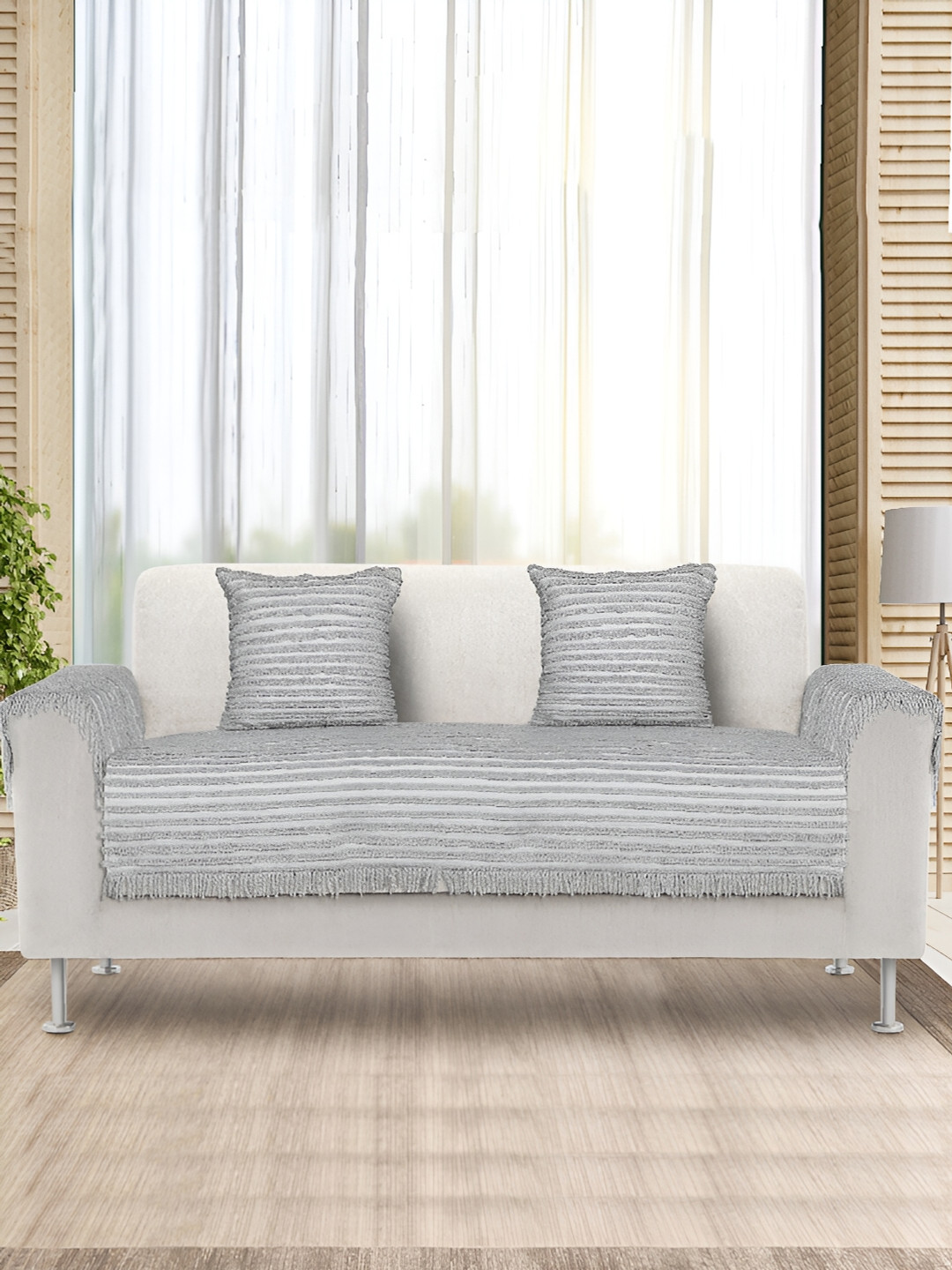 Saral Home Grey Striped 5 Piece Sofa Cover With Arms