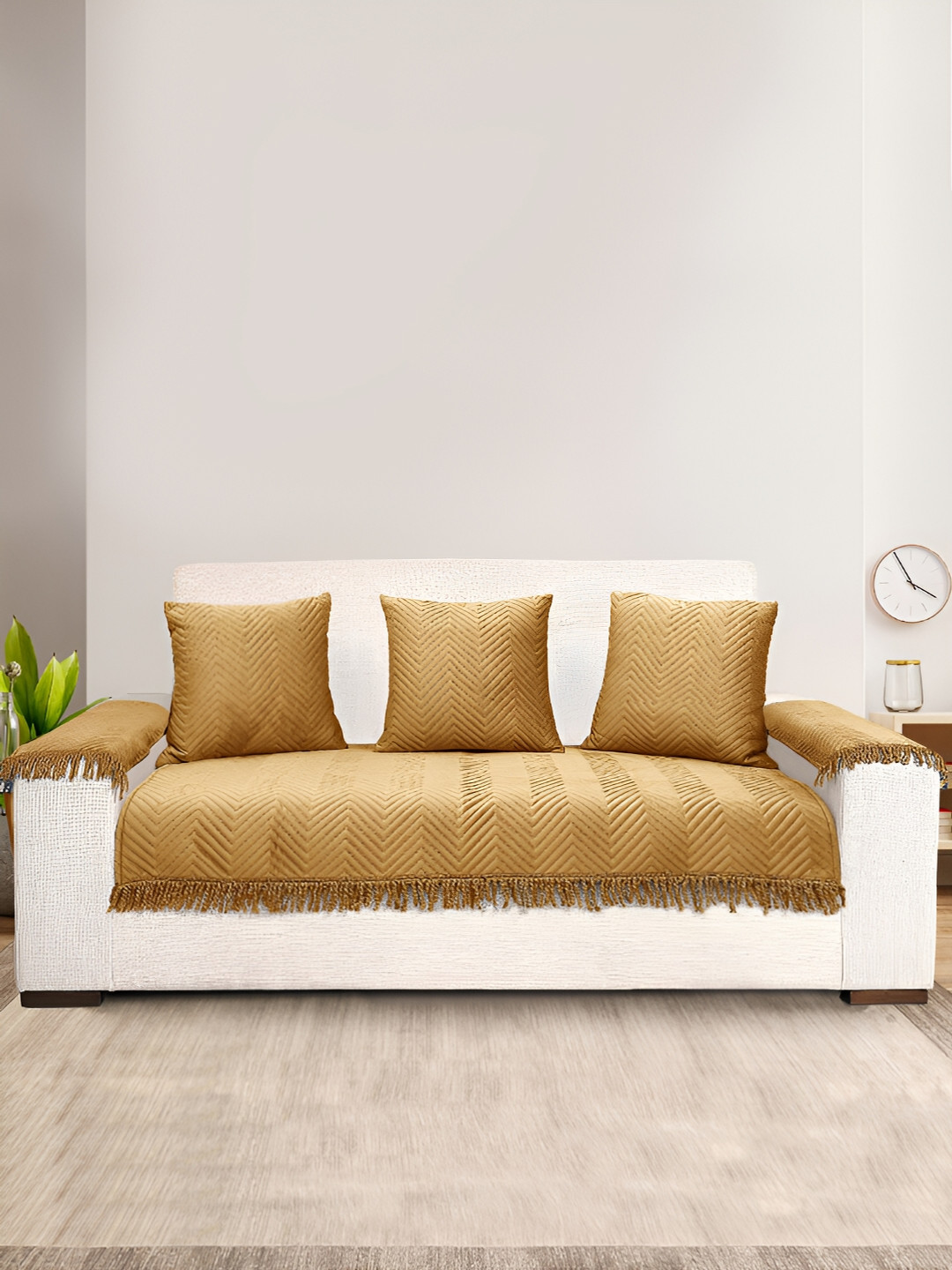 Saral Home Gold-Toned 6 Pieces Striped Velvet Sofa Cover With Arms