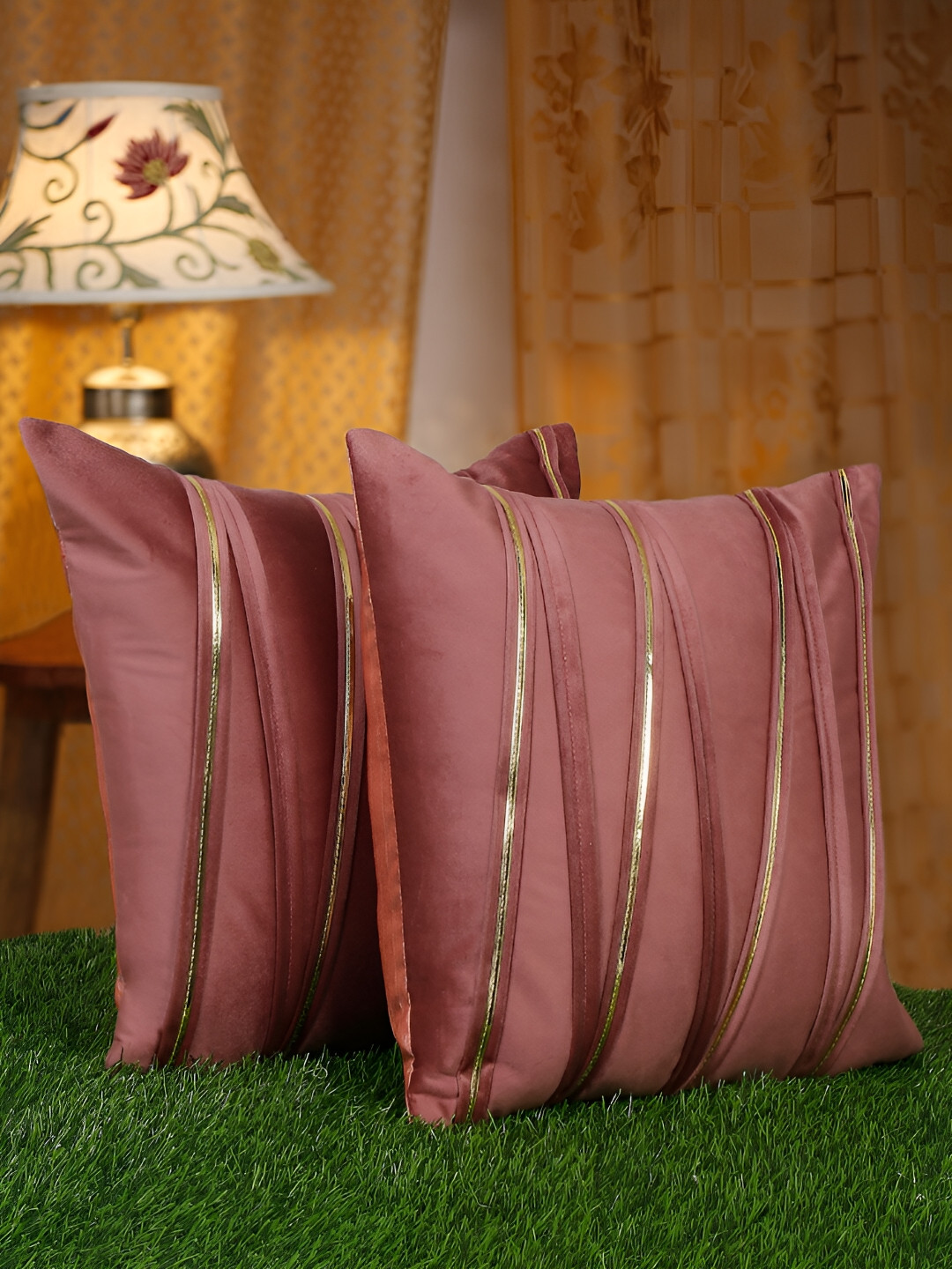 HOSTA HOMES Peach-Coloured 2 Pieces Velvet Striped Square Cushion Covers