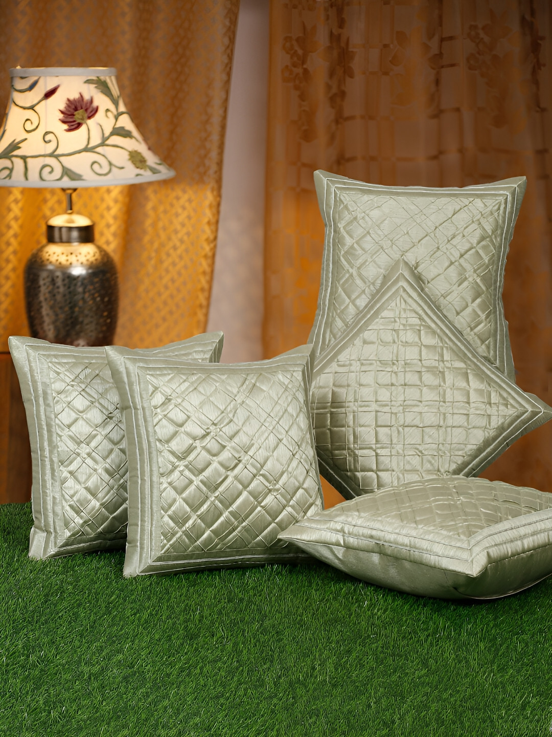 HOSTA HOMES Patterned Geometric Polyester Silk Anti-Wrinkle 5 Pcs Cushion Covers -16x16In