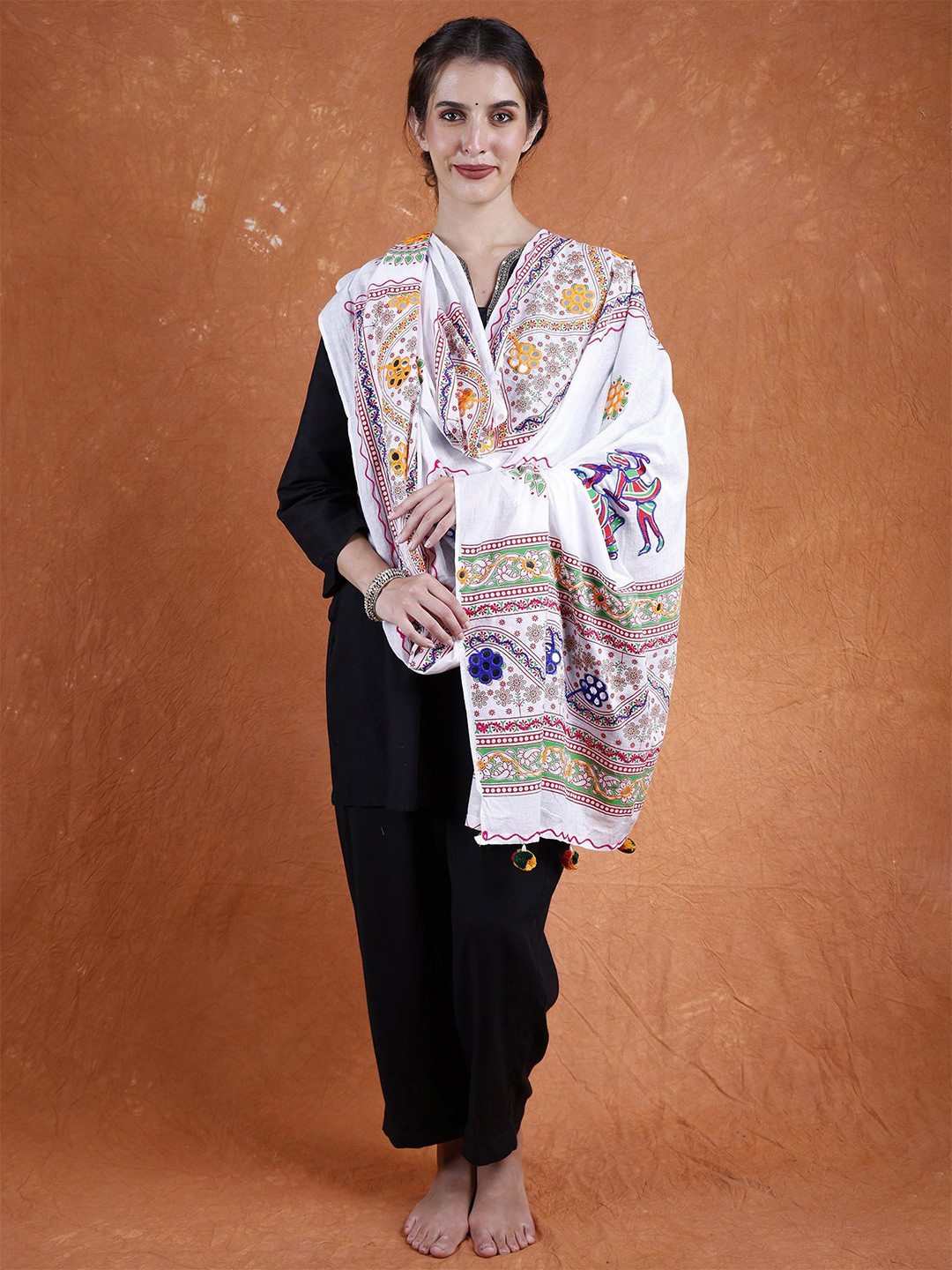 Exotic India Bright White Printed Dupatta with Hand-Embroidered Florals & Mirrors