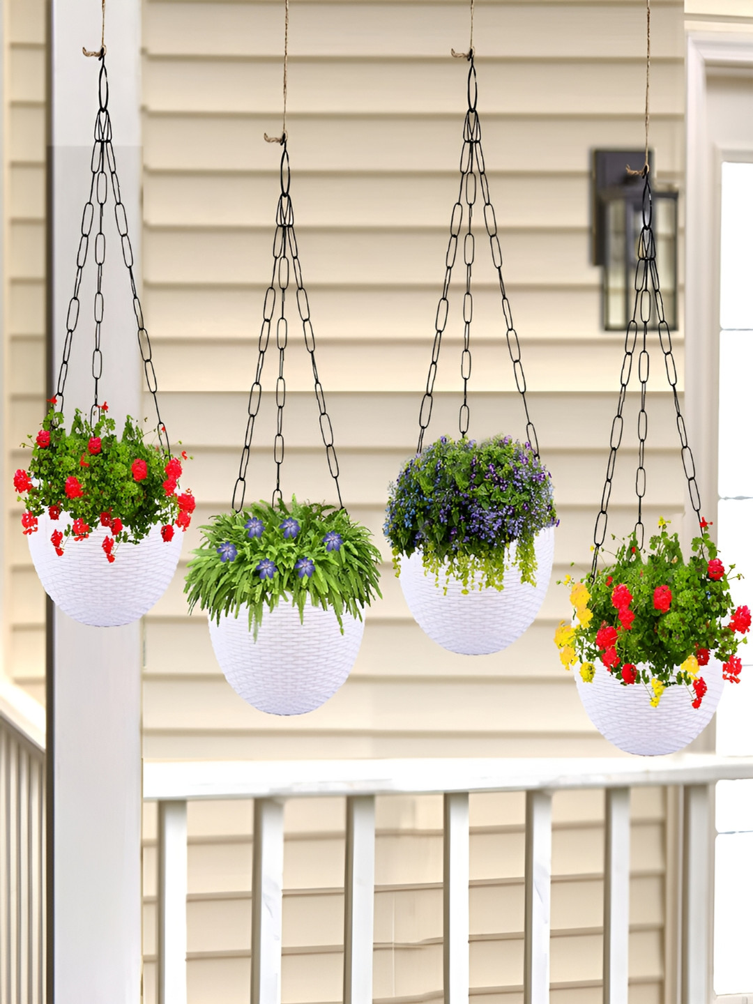 Kuber Industries White 4 Pieces Woven Design Hanging Planters