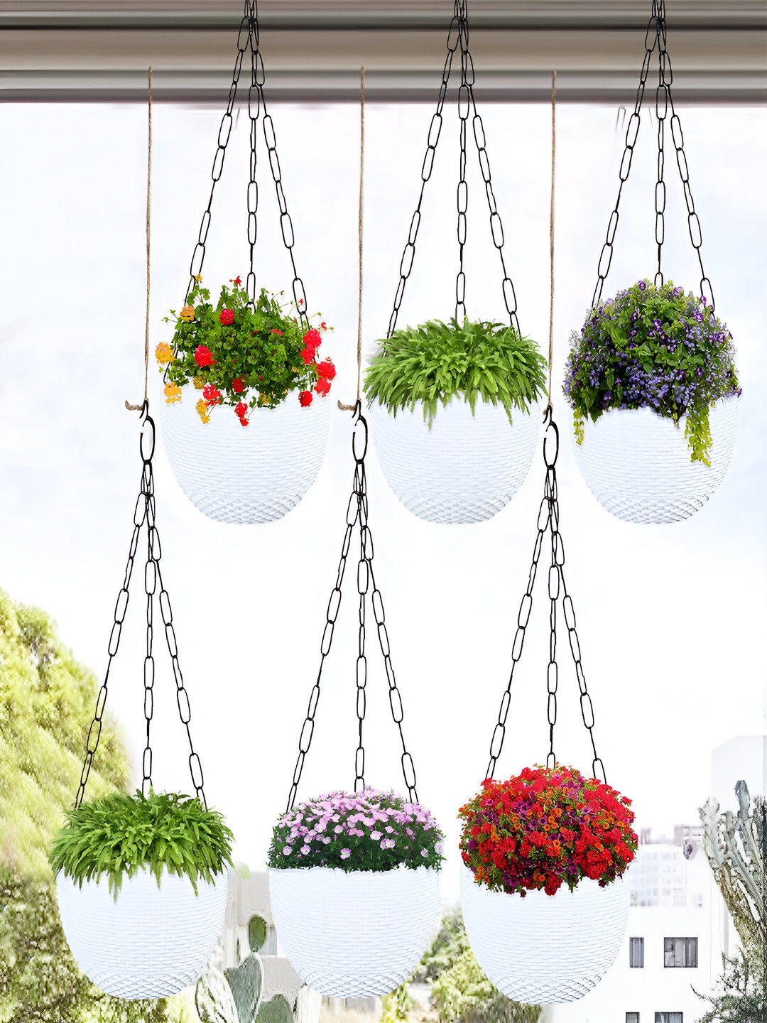 Kuber Industries White 6 Pieces Woven Design Hanging Planters