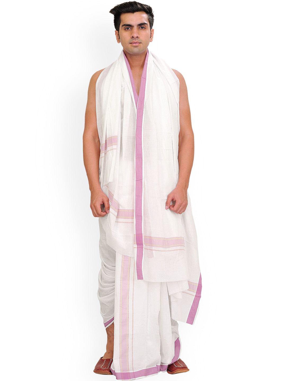 Exotic India Cyclamen Pure Cotton Dhoti and Angavastram Set with Woven Border