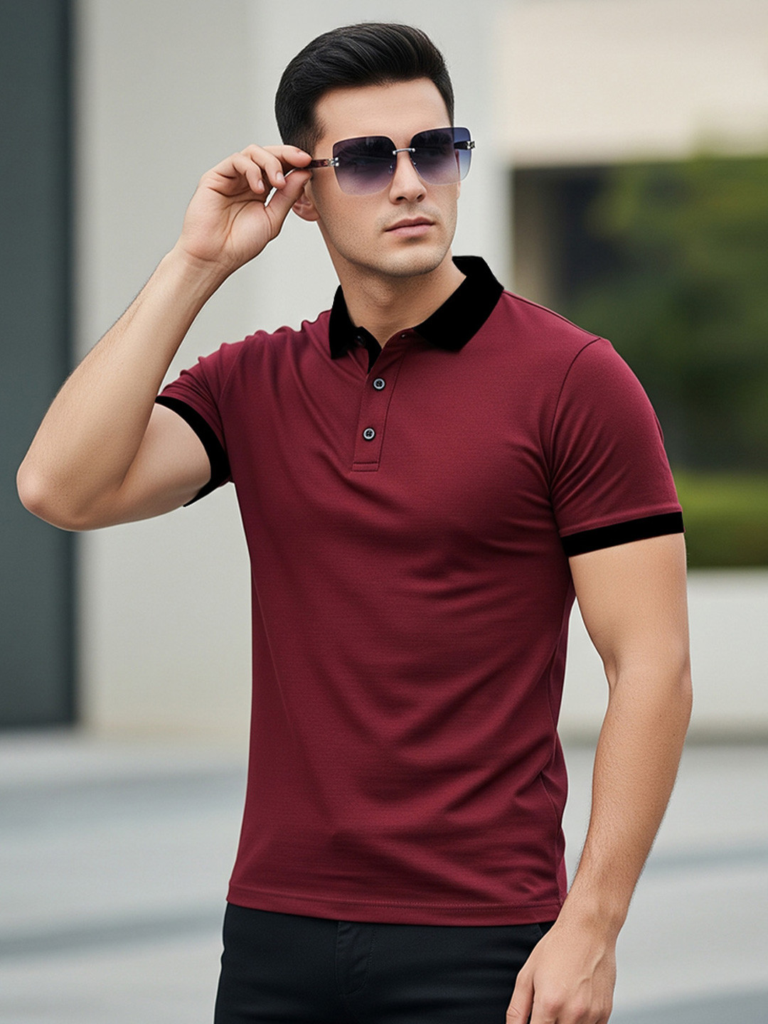 VEIRDO Men Maroon Solid Regular Fit Pure Cotton Polo T-Shirt