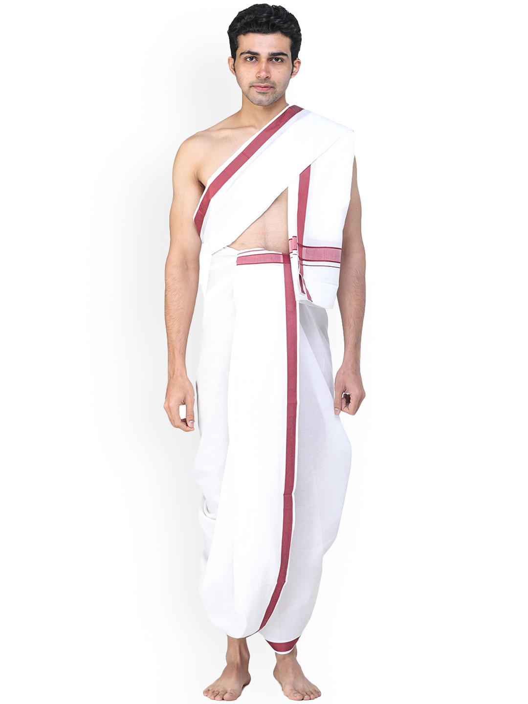 Exotic India Mahogany Pure Cotton Dhoti and Angavastram Set with Woven Border