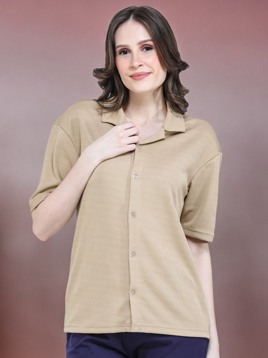 CLAFOUTIS Textured Club Collar Short Drop-Shoulder Sleeves Shirt