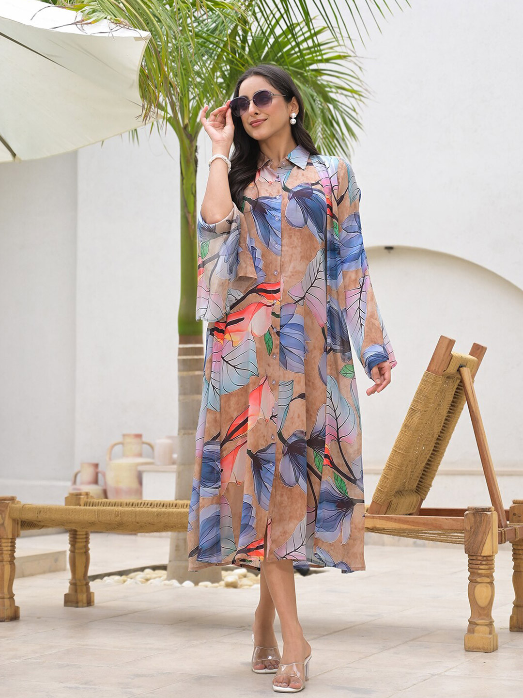 Divena Floral Printed Bell Sleeves Chiffon A-Line Midi Dress