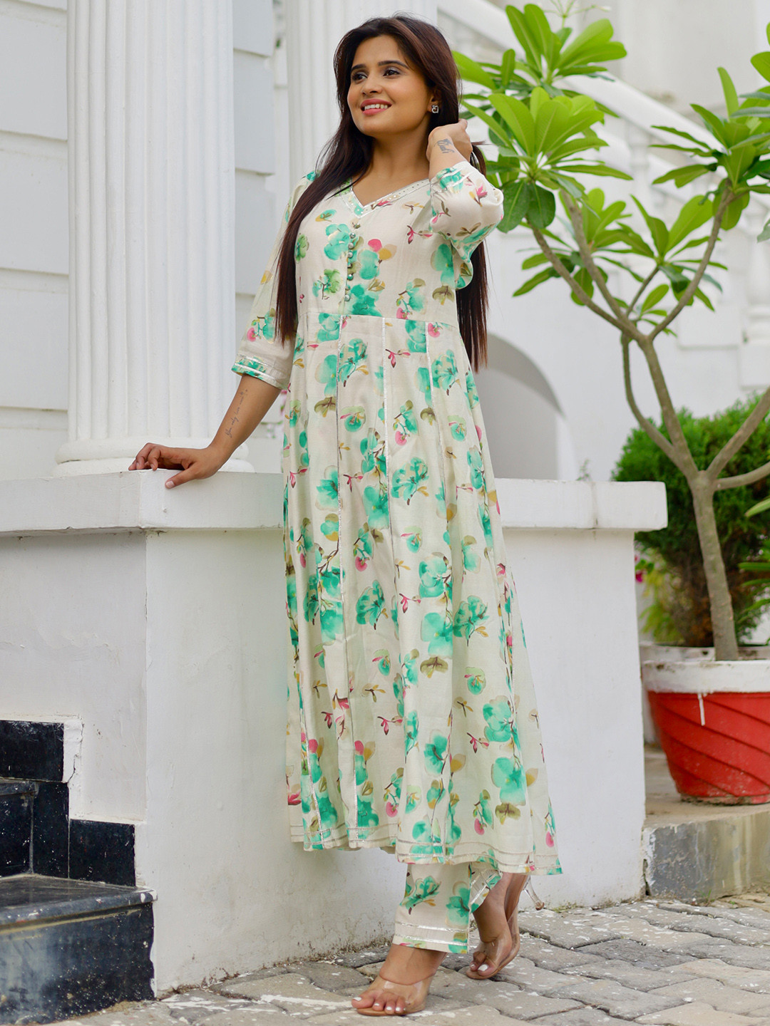 Libas Womens Off White Printed Anarkali Kurta With Trousers