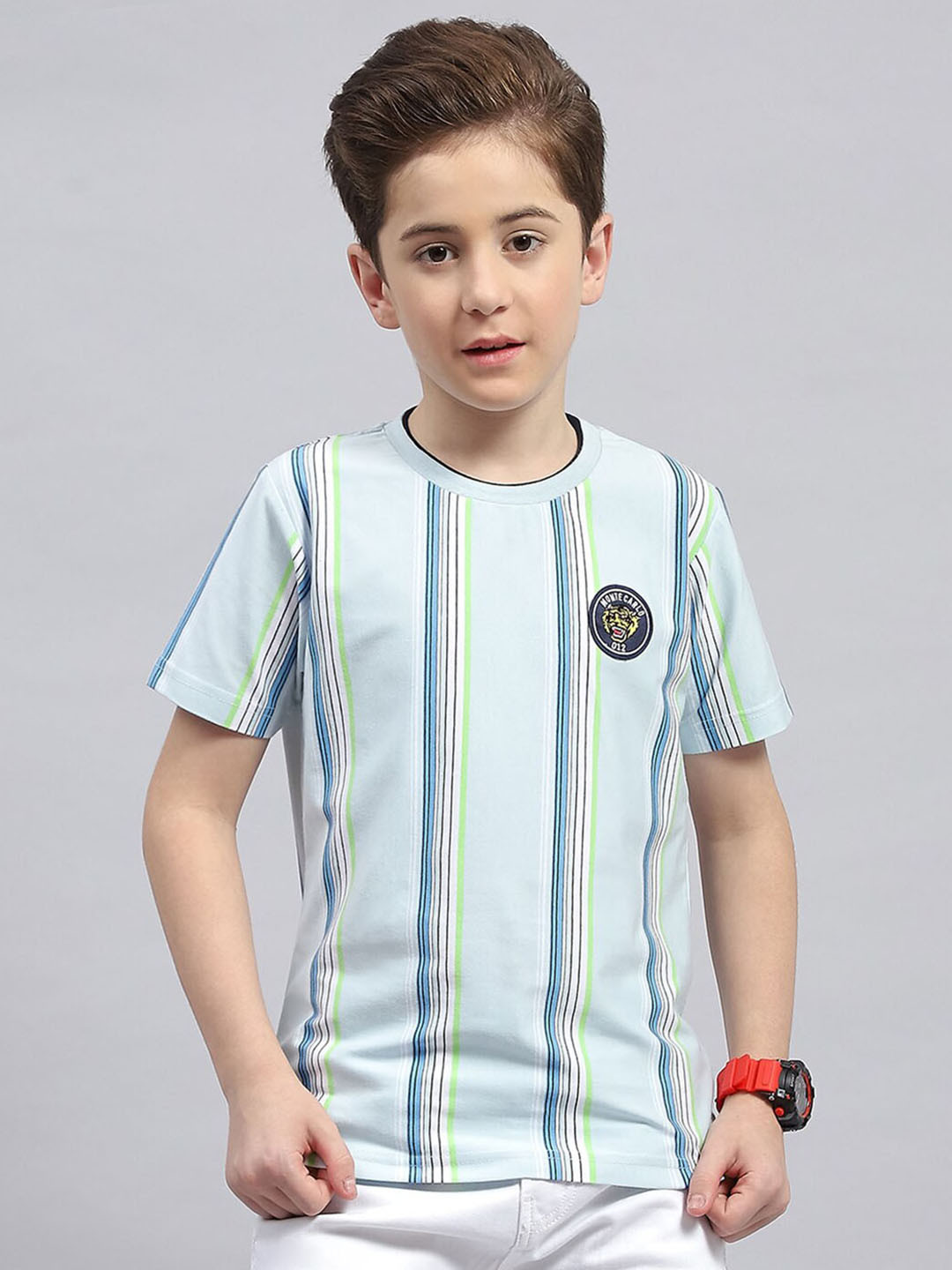 Monte Carlo Boys Vertical Striped Round Neck Cotton T-shirt