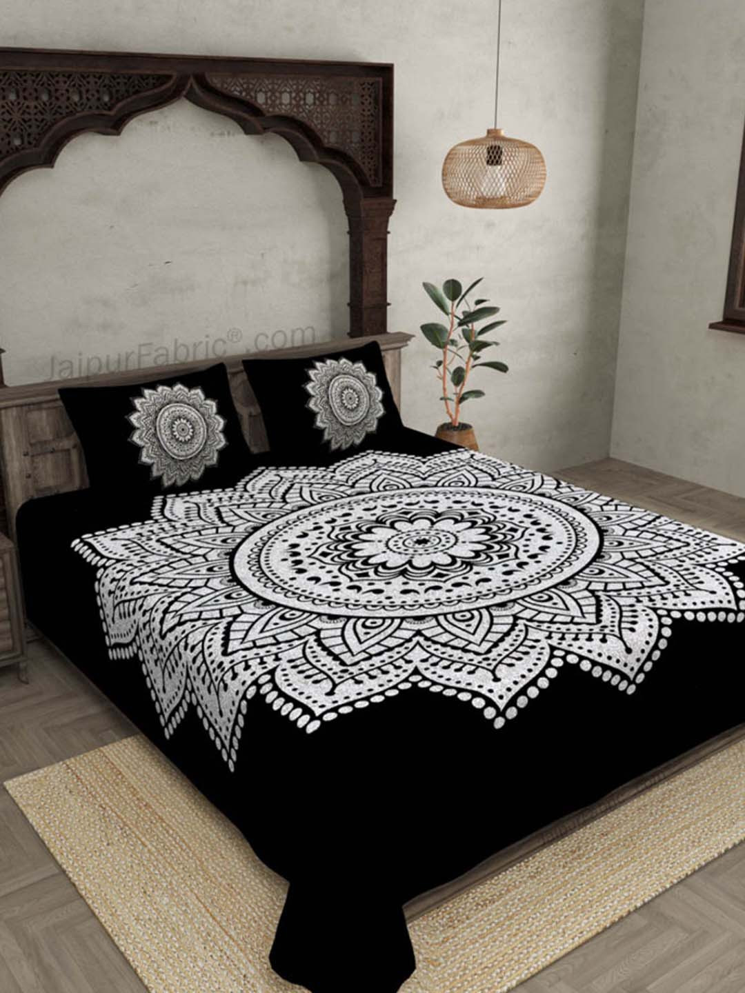 JAIPUR FABRIC Black Ethnic Motifs Cotton 180 TC King Fine Bedsheet with 2 Pillow Covers-108 x 100 inches