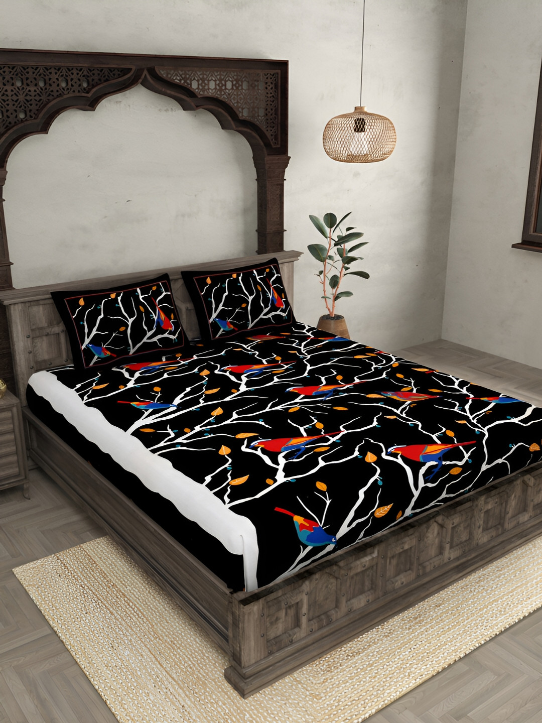 JAIPUR FABRIC Indian Sparrow Black Floral Cotton 144 TC King Bedsheet with 2 Pillow Covers-108 x 88 inches