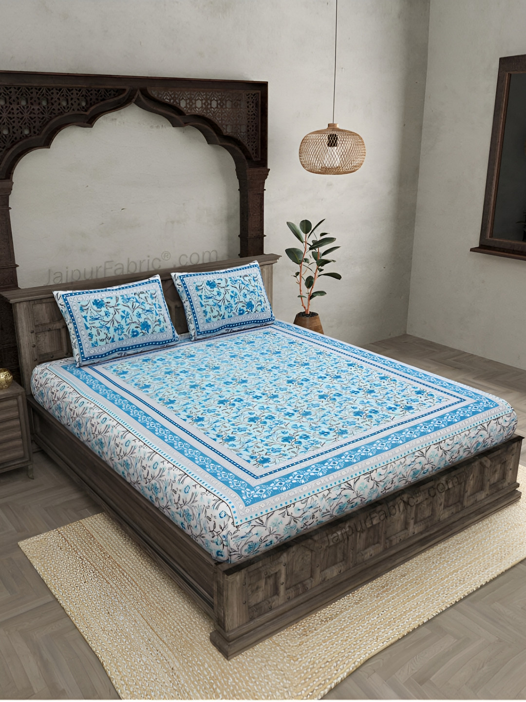 JAIPUR FABRIC White Floral Cotton 250 TC King Fine Bedsheet with 2 Pillow Covers-250 x 220 cm