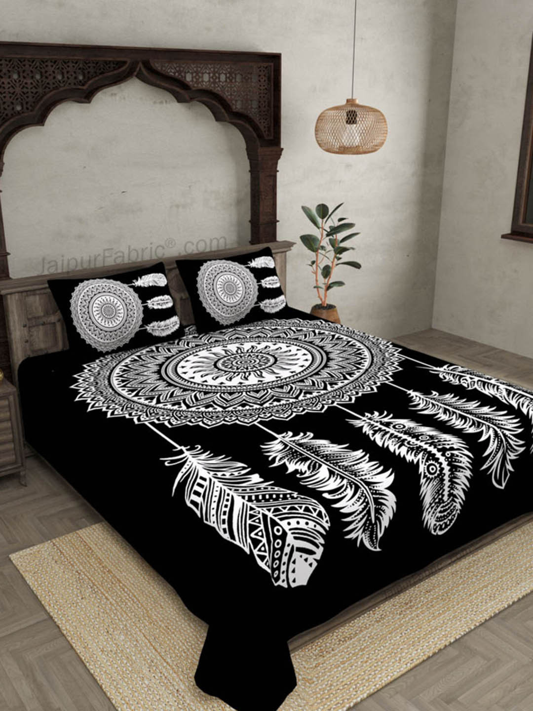 JAIPUR FABRIC Black Ethnic Motifs Cotton 180 TC King Fine Bedsheet with 2 Pillow Covers-274 x 228 cm