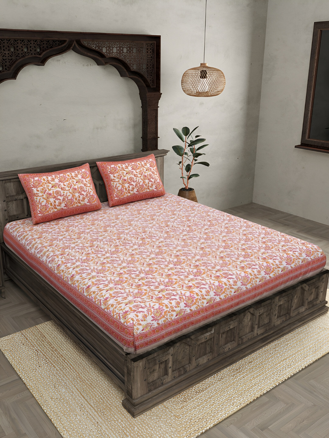JAIPUR FABRIC Fantastic White Floral Cotton 120 TC King Bedsheet with 2 Pillow Covers-106 x 86 inches