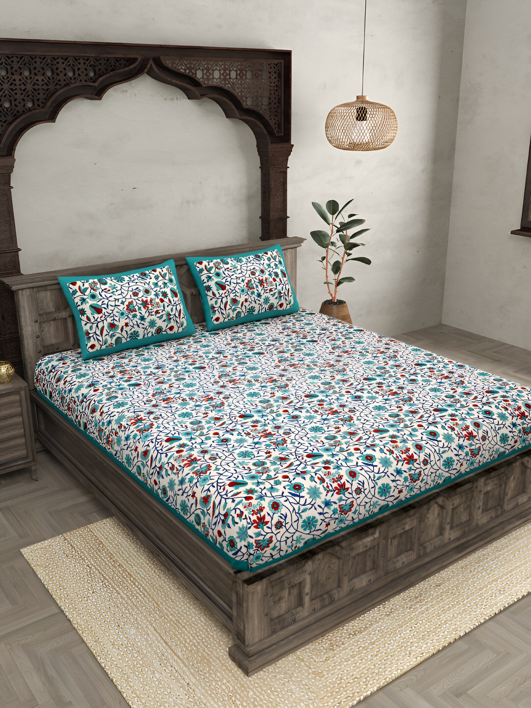 JAIPUR FABRIC White Floral Cotton 144 TC King Bedsheet with 2 Pillow Covers-108 x 88 inches