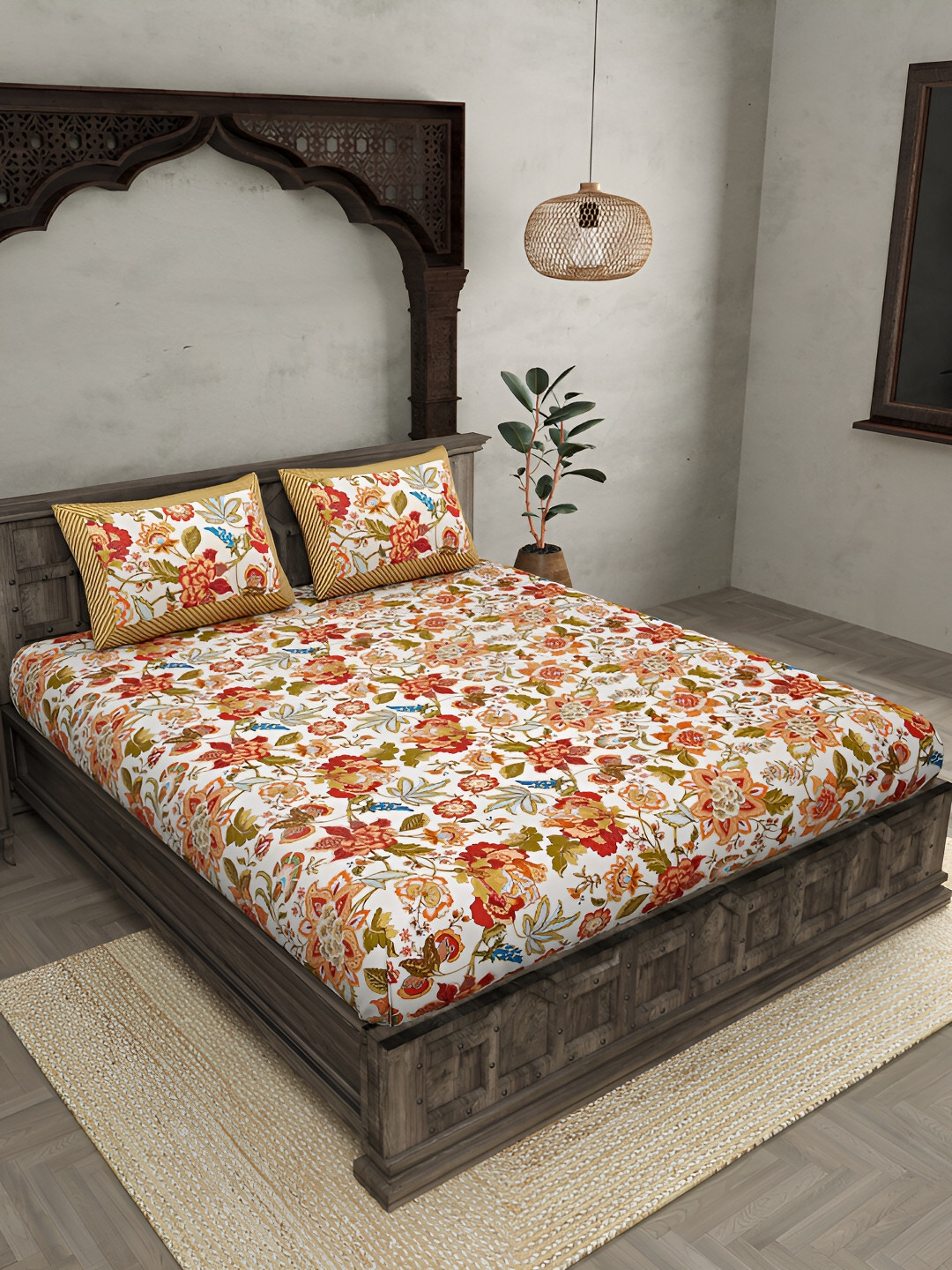 JAIPUR FABRIC Spring Jungle Red Floral Pure Cotton 250 TC King Fine Bedsheet with 2 Pillow Covers-108 x 100 inches