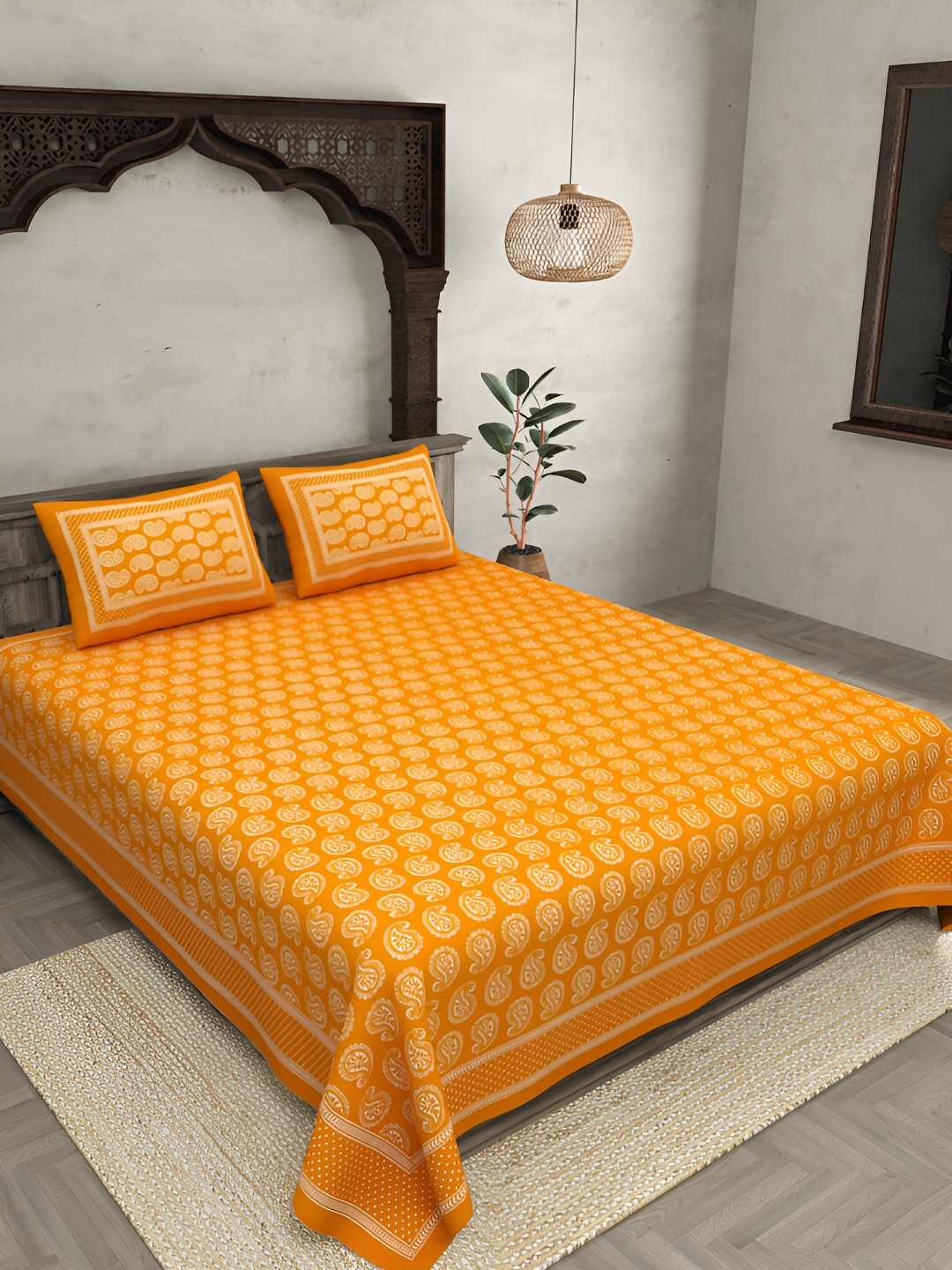 JAIPUR FABRIC Yellow Paisley Cotton 144 TC King Bedsheet with 2 Pillow Covers-108 x 88 inches