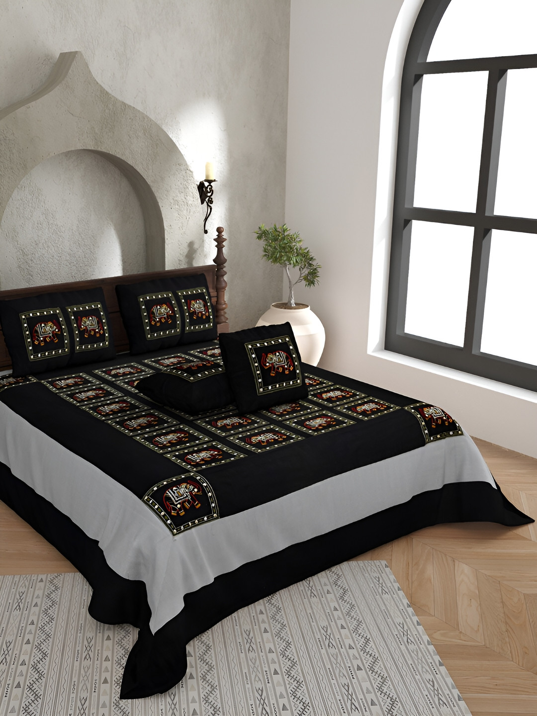 JAIPUR FABRIC Black & Red 240TC Cotton Floral King Bedsheet with 2 Pillow Covers