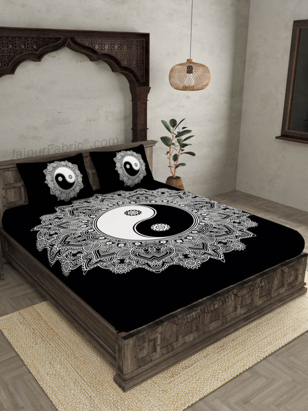 JAIPUR FABRIC Doordarshan Black Floral Cotton 180 TC King Fine Bedsheet with 2 Pillow Covers-108 x 108 inches